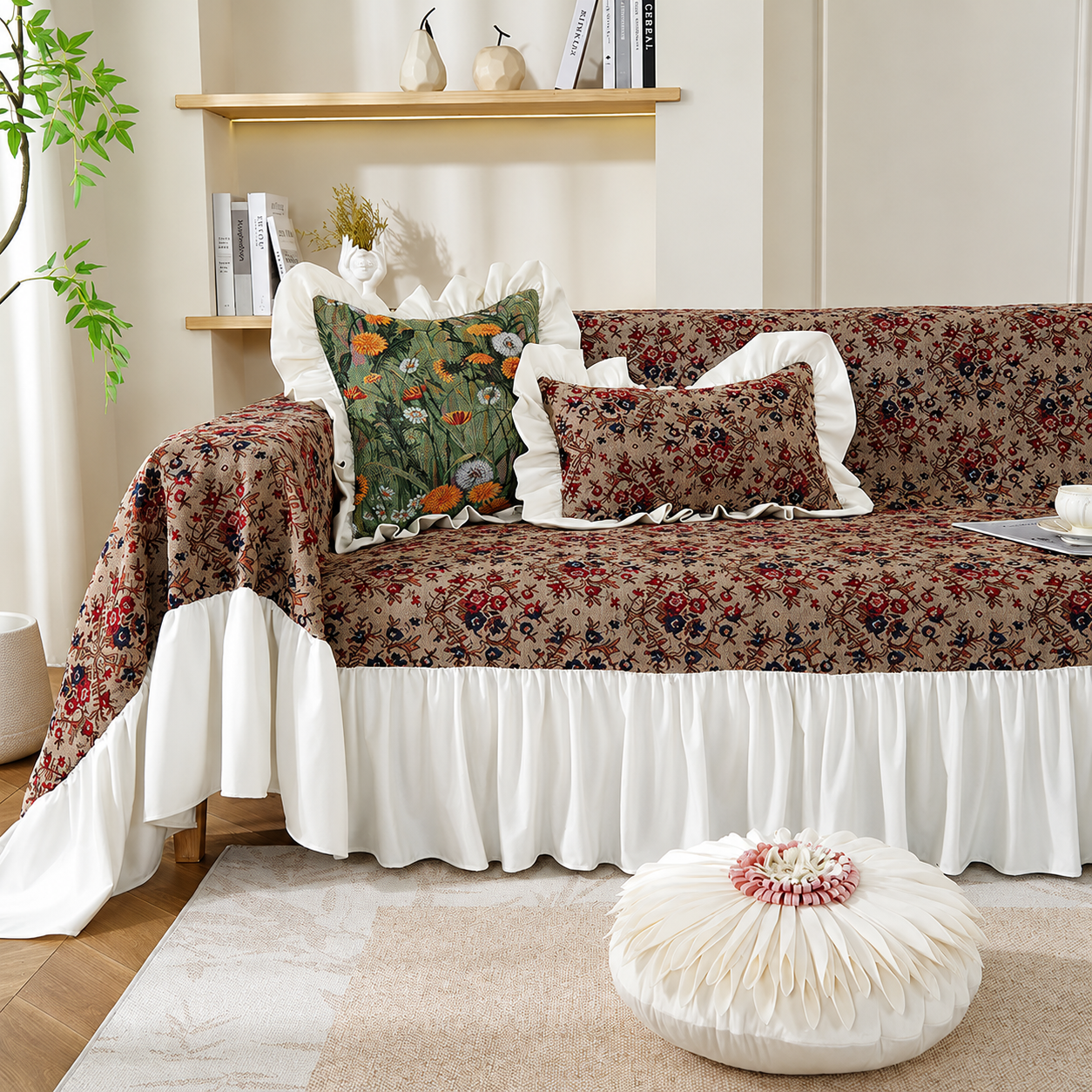 Non-Slip Elegant Floral Skirt Tassels Sofa Couch Cover