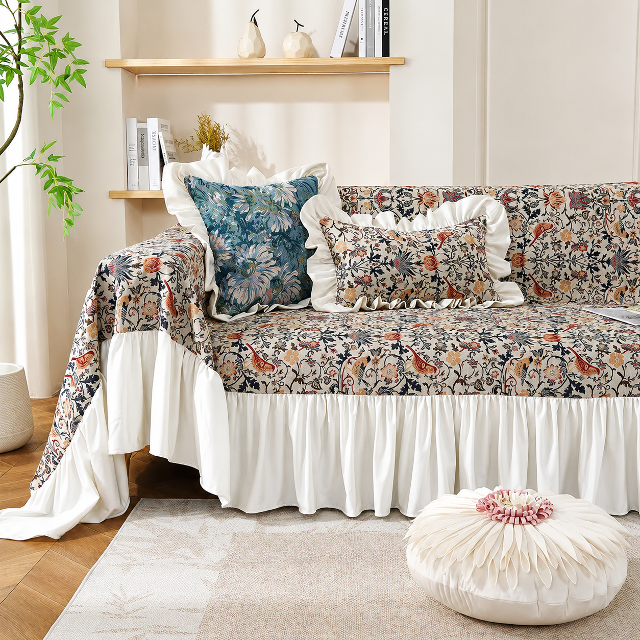 Non-Slip Elegant Floral Skirt Tassels Sofa Couch Cover