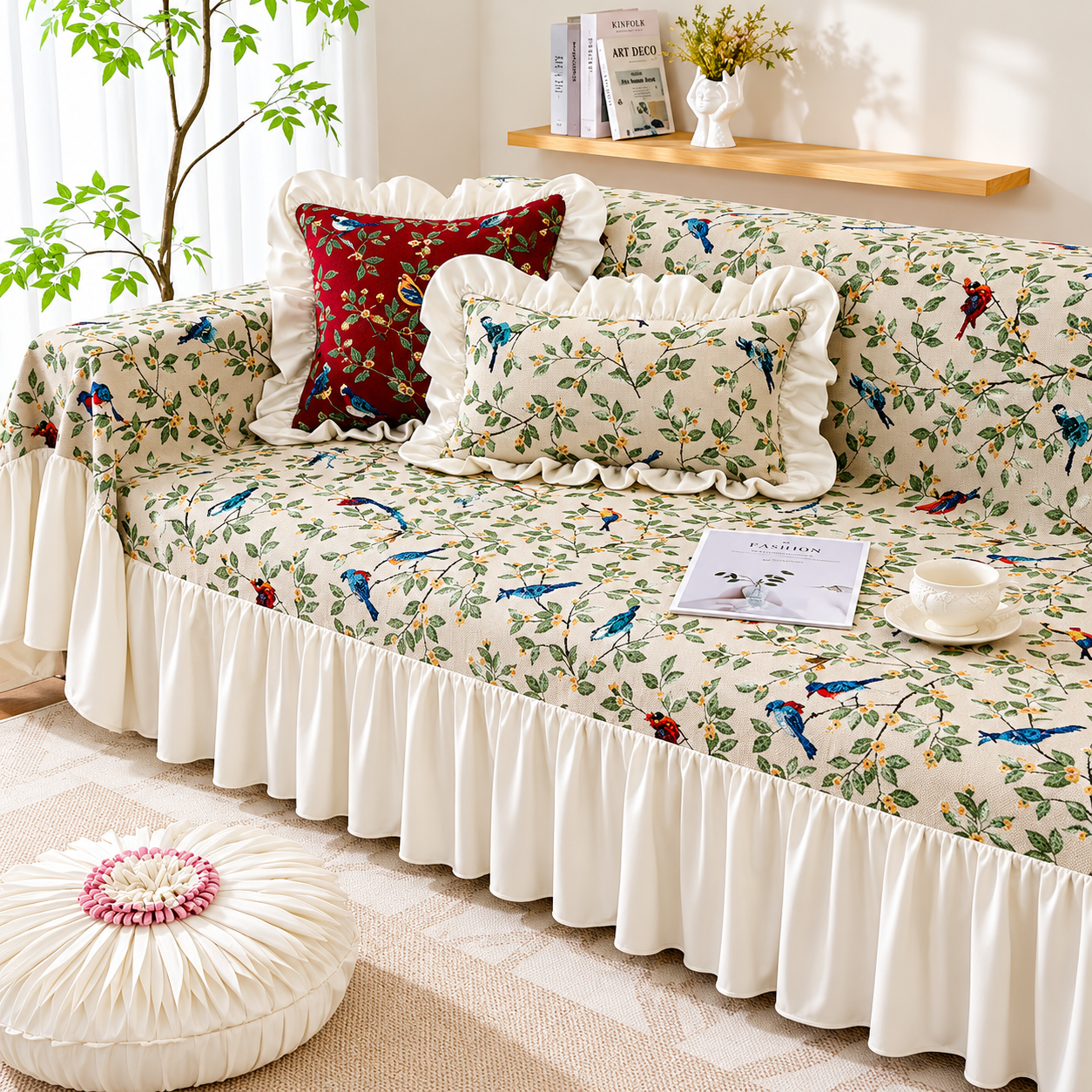 Non-Slip Elegant Floral Skirt Tassels Sofa Couch Cover
