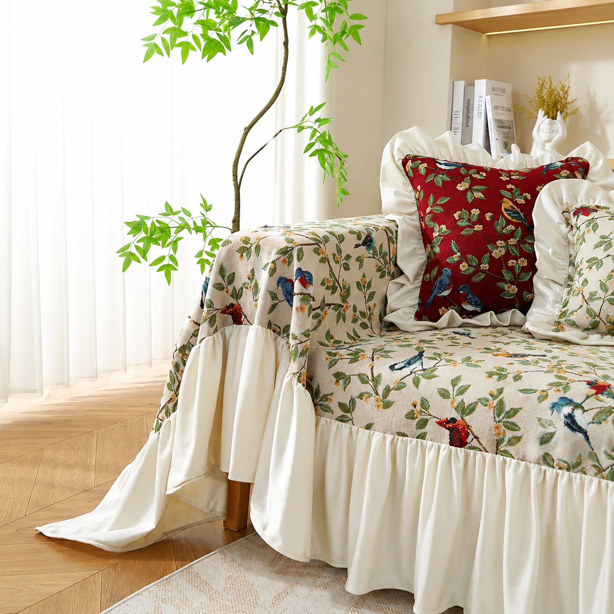 Non-Slip Elegant Floral Skirt Tassels Sofa Couch Cover