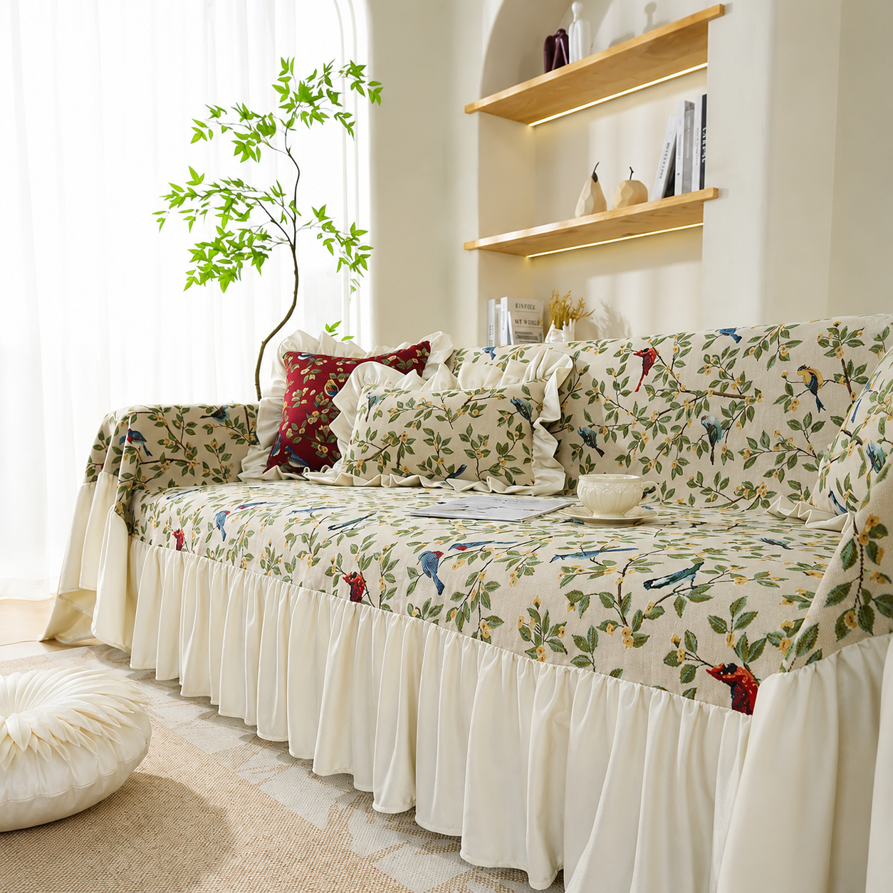 Non-Slip Elegant Floral Skirt Tassels Sofa Couch Cover