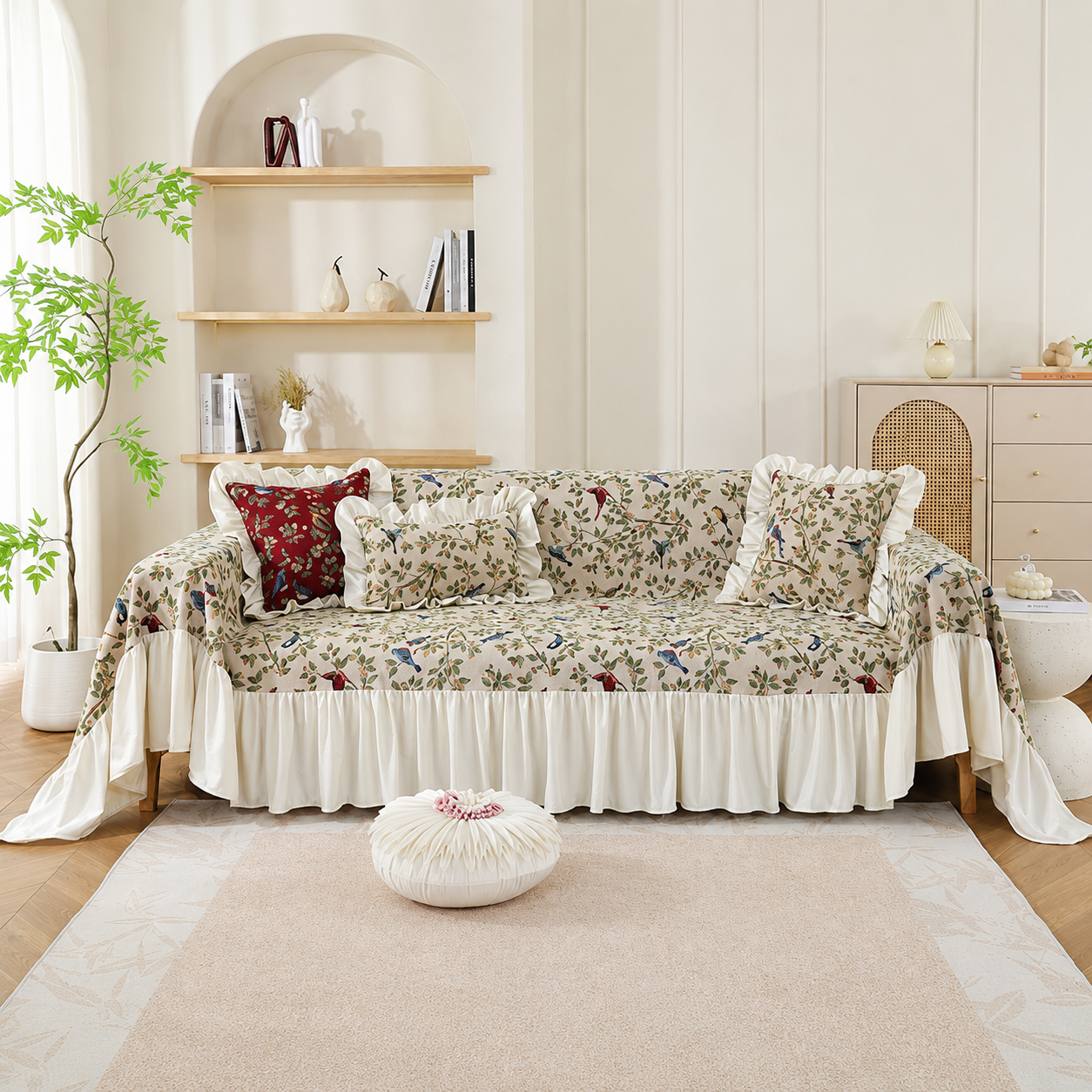 Non-Slip Elegant Floral Skirt Tassels Sofa Couch Cover