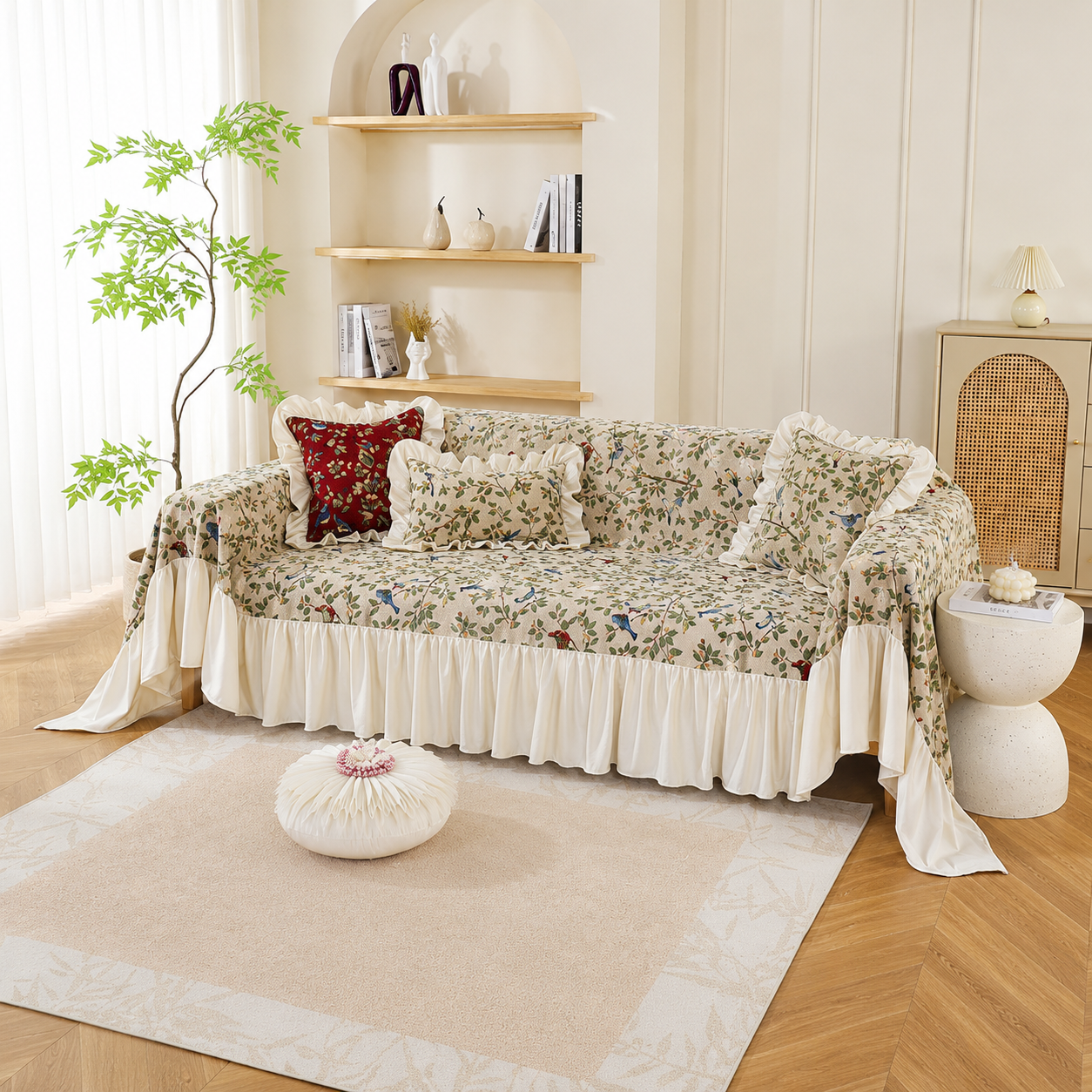 Non-Slip Elegant Floral Skirt Tassels Sofa Couch Cover