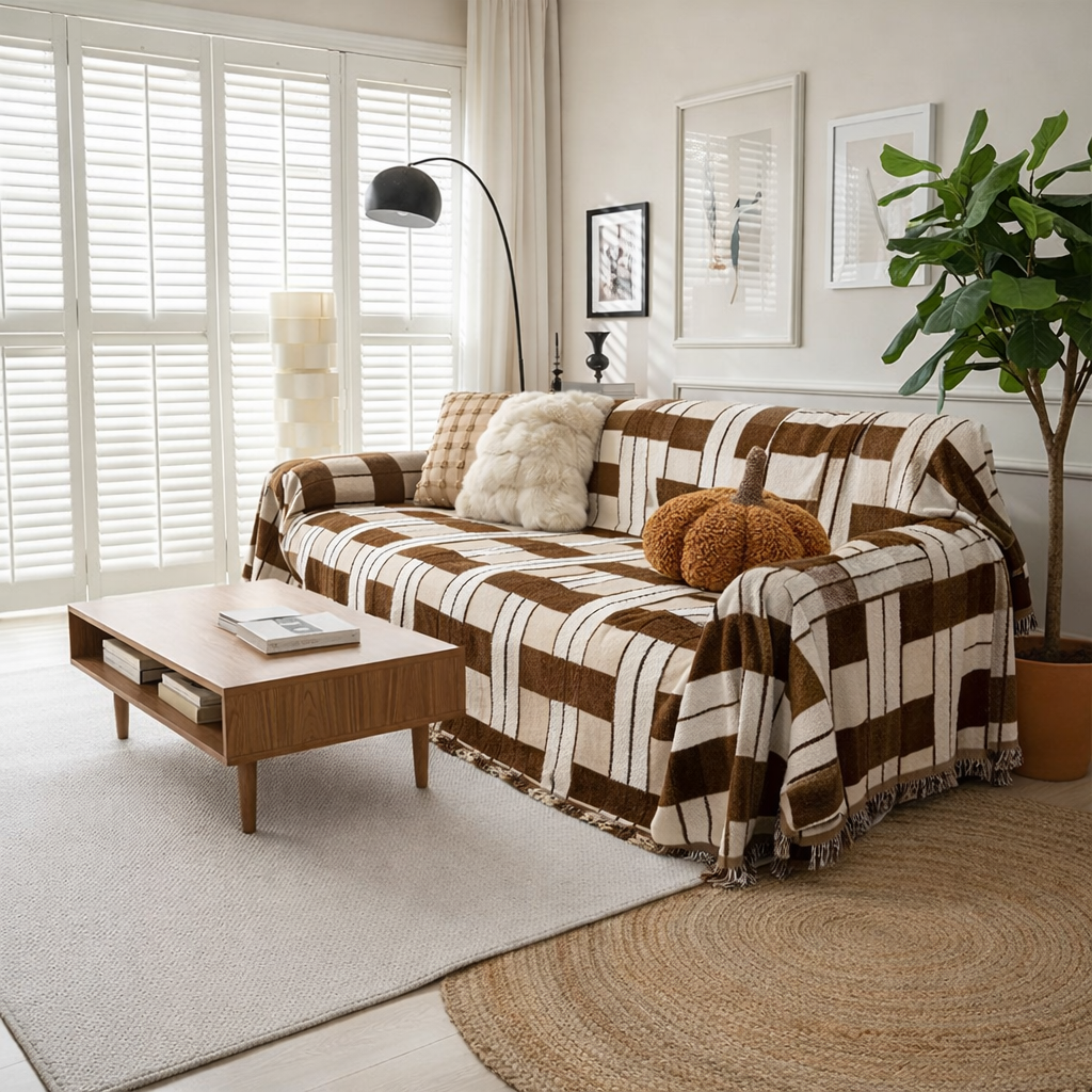 Geometric Plaid Reversible Tassels Sofa Couch Cover