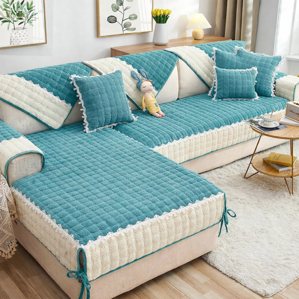 Non-Slip Quilted Lace Plush Sofa Couch Cover