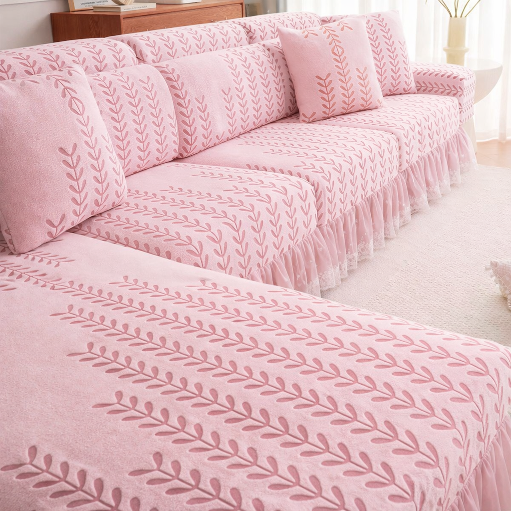 Anti-Slip L Shaped Leaf Skirted Cushion Sofa Couch Cover