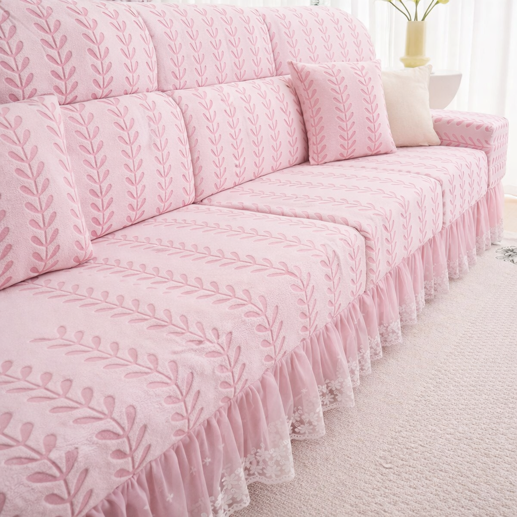 Anti-Slip L Shaped Leaf Skirted Cushion Sofa Couch Cover