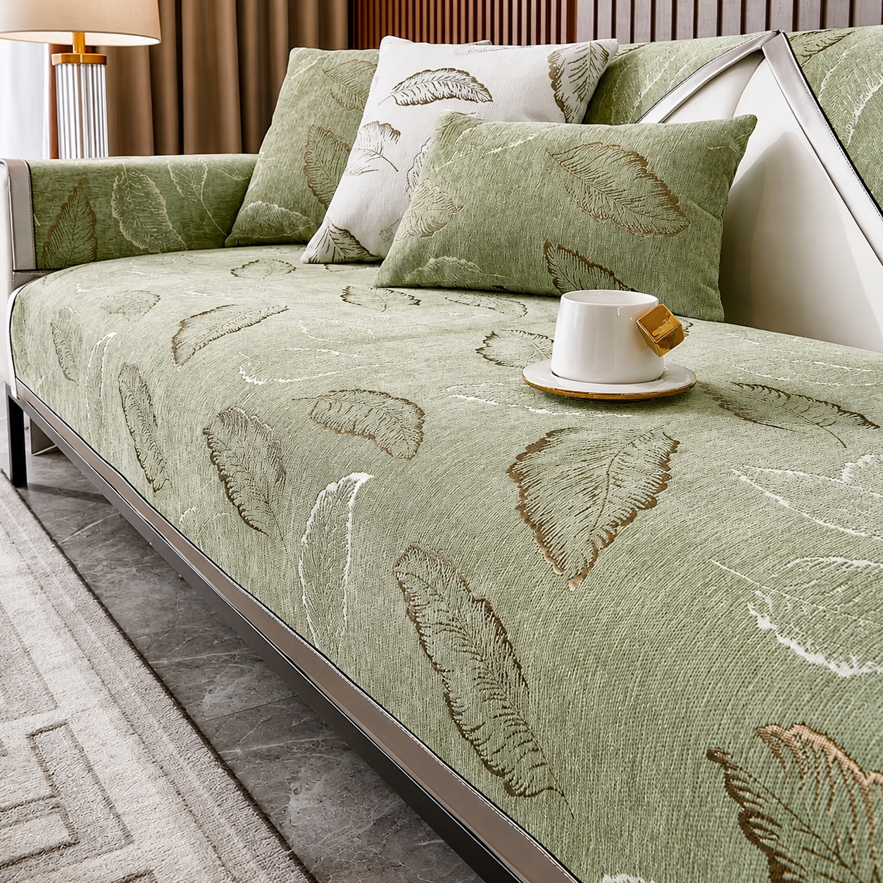Non Slip Luxury Leaf Jacquard Chenille Sofa Couch Cover
