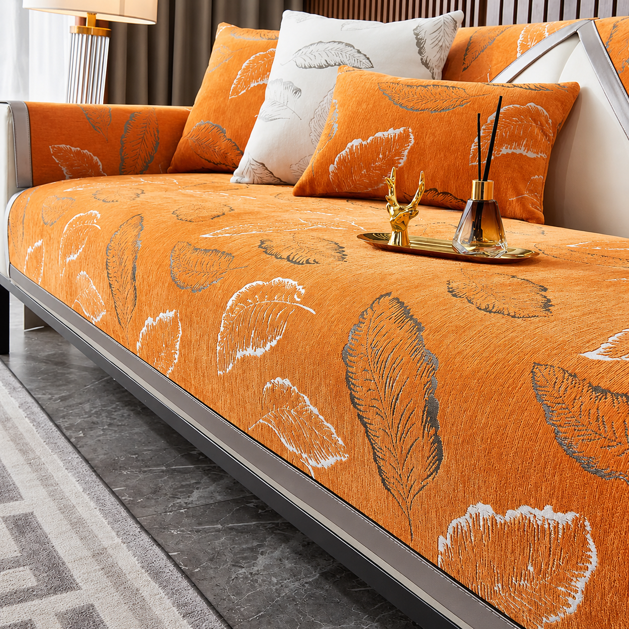 Non Slip Luxury Leaf Jacquard Chenille Sofa Couch Cover