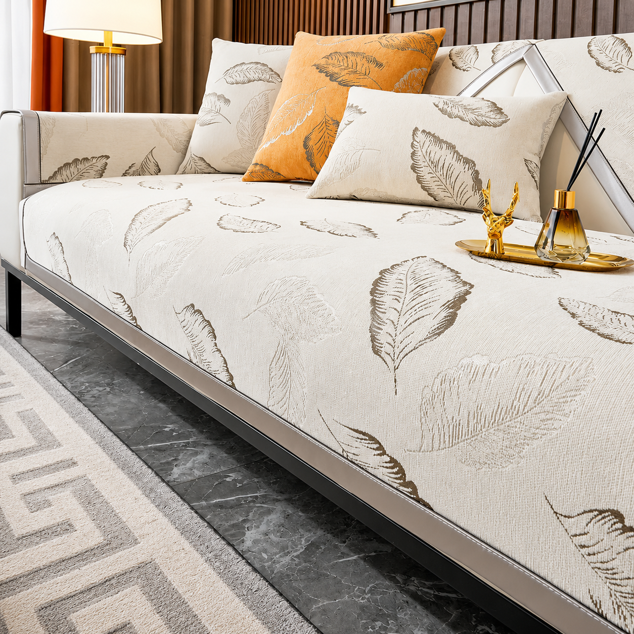 Non Slip Luxury Leaf Jacquard Chenille Sofa Couch Cover