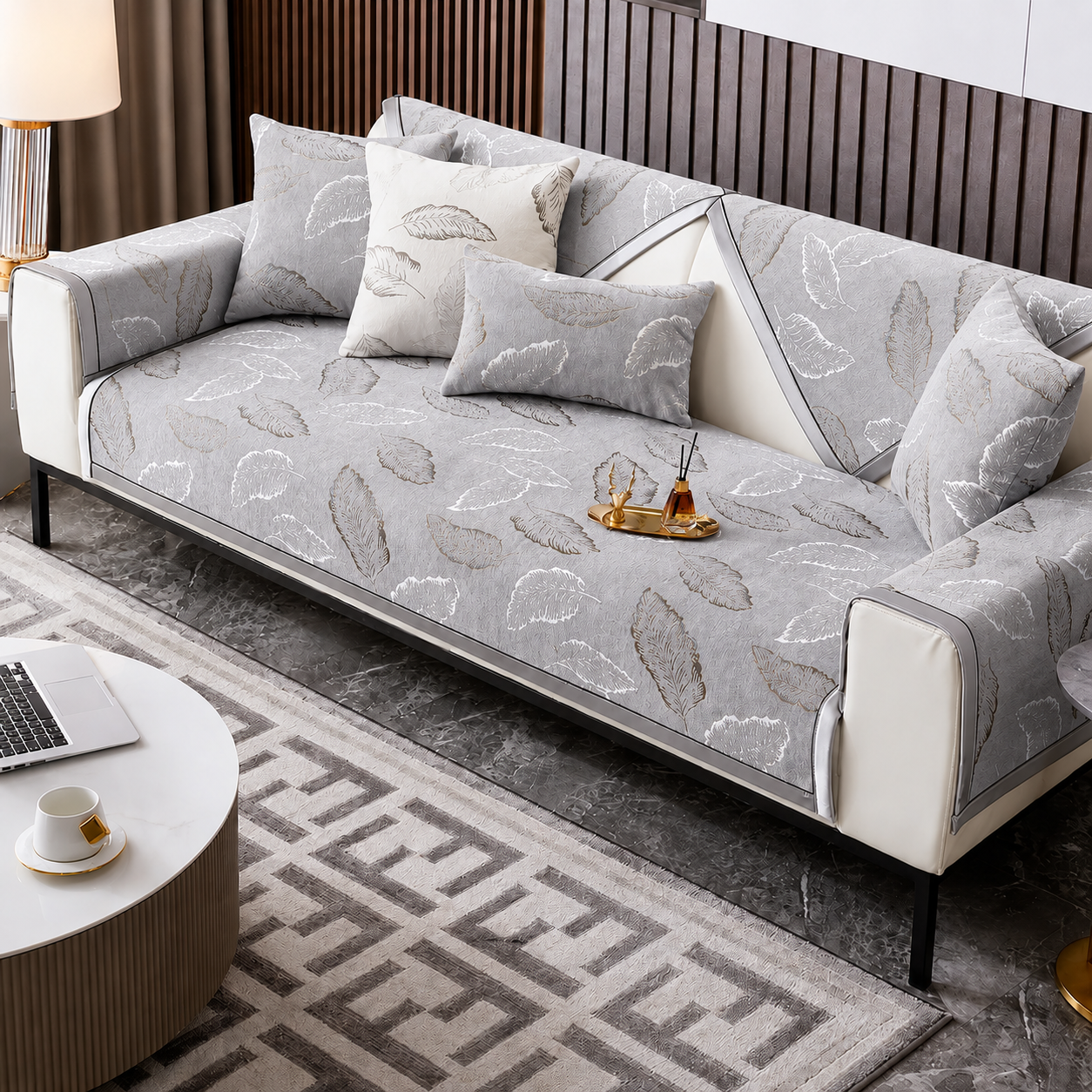 Non Slip Luxury Leaf Jacquard Chenille Sofa Couch Cover