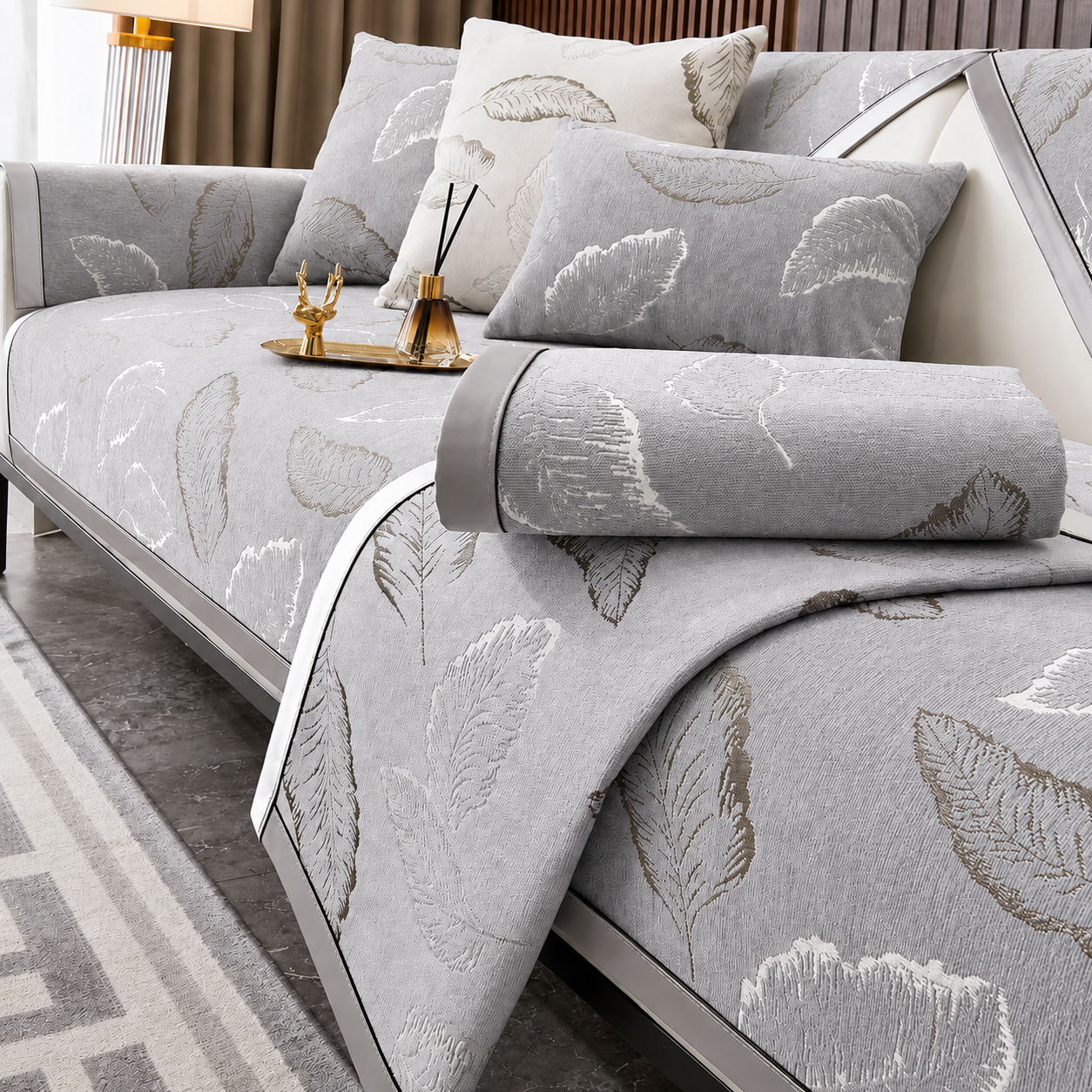 Non Slip Luxury Leaf Jacquard Chenille Sofa Couch Cover