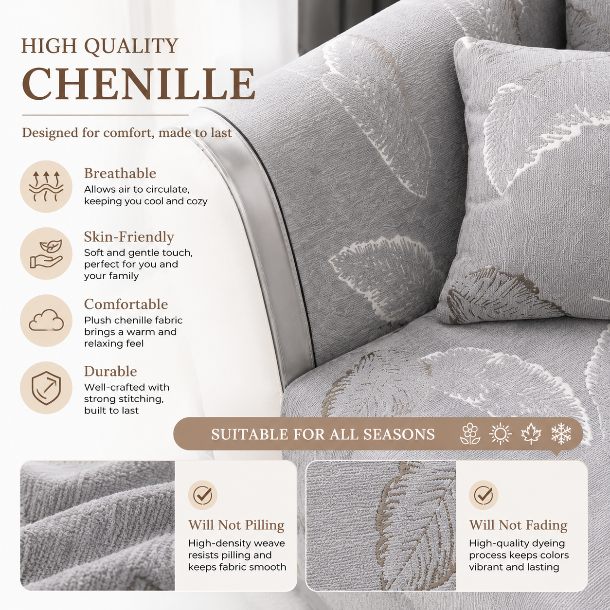 Non Slip Luxury Leaf Jacquard Chenille Sofa Couch Cover