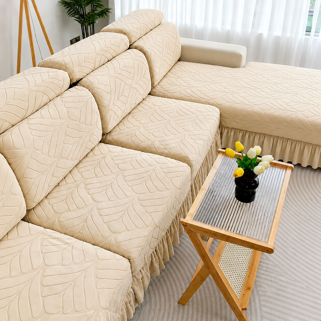 L Shaped Skirted Leaf Cushion Slipcover Sofa Couch Cover