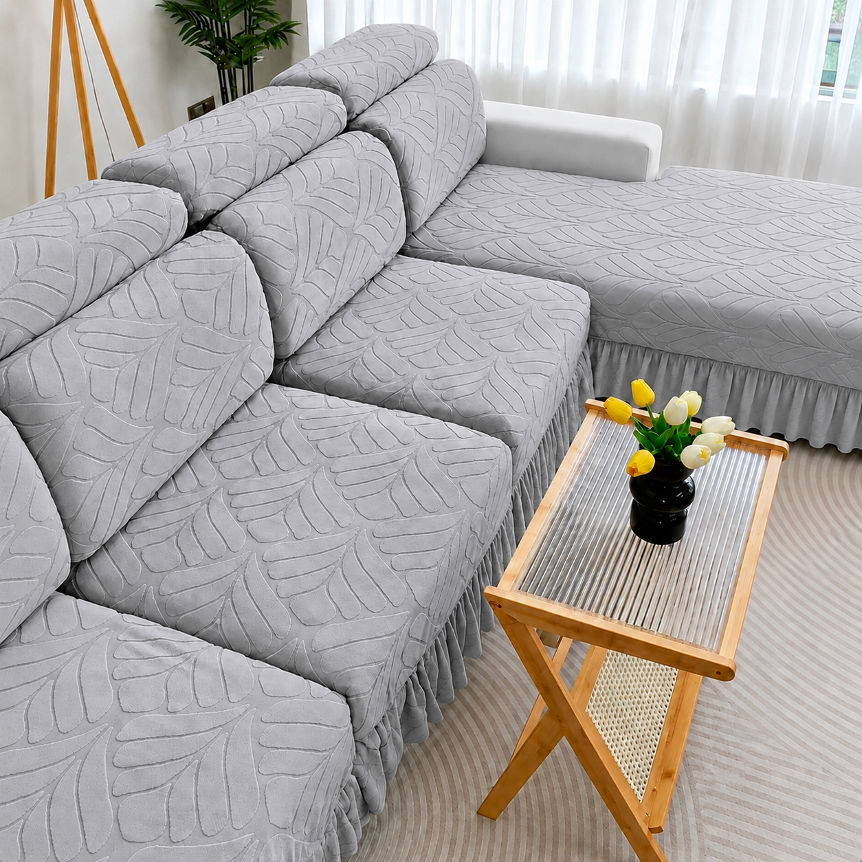 L Shaped Skirted Leaf Cushion Slipcover Sofa Couch Cover