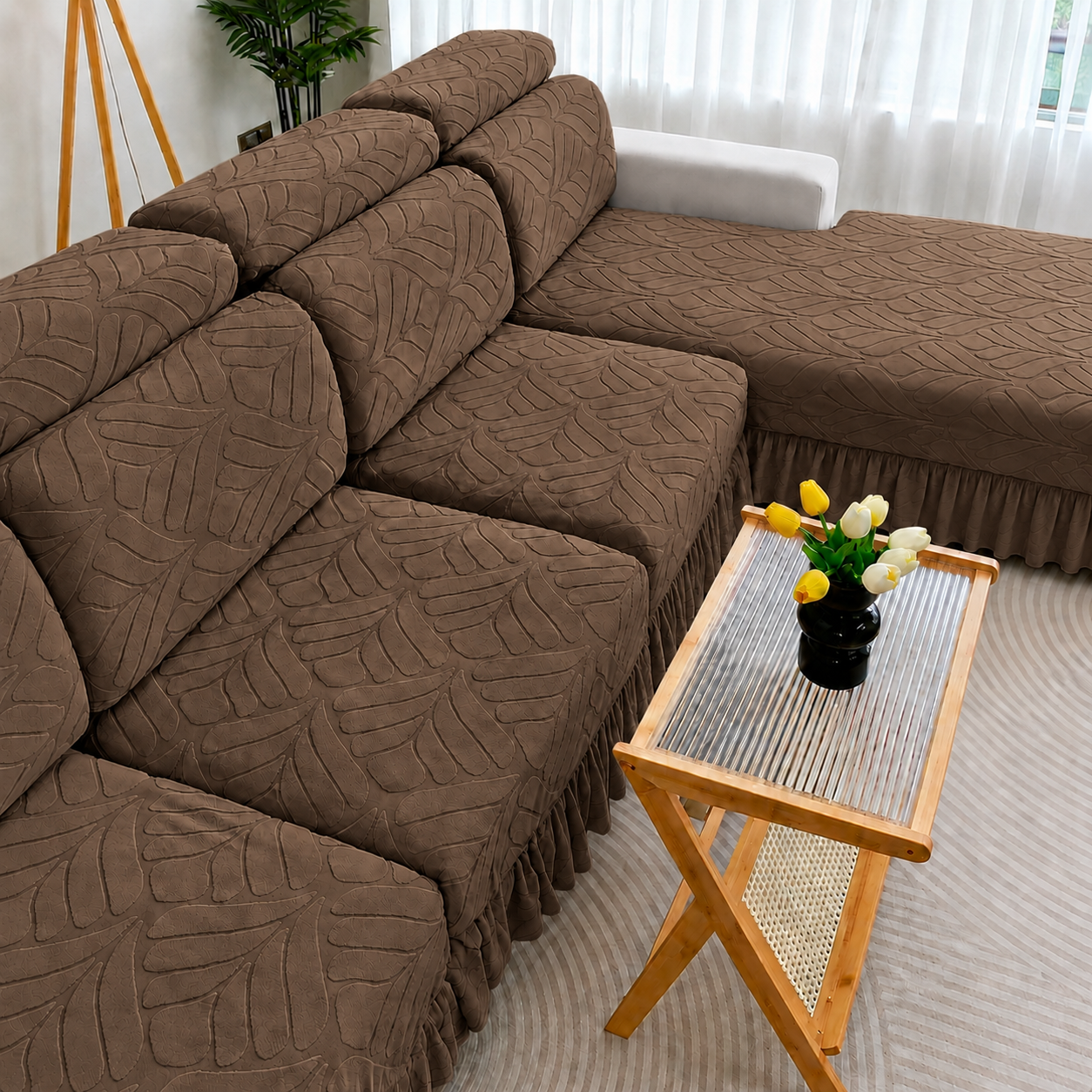 L Shaped Skirted Leaf Cushion Slipcover Sofa Couch Cover