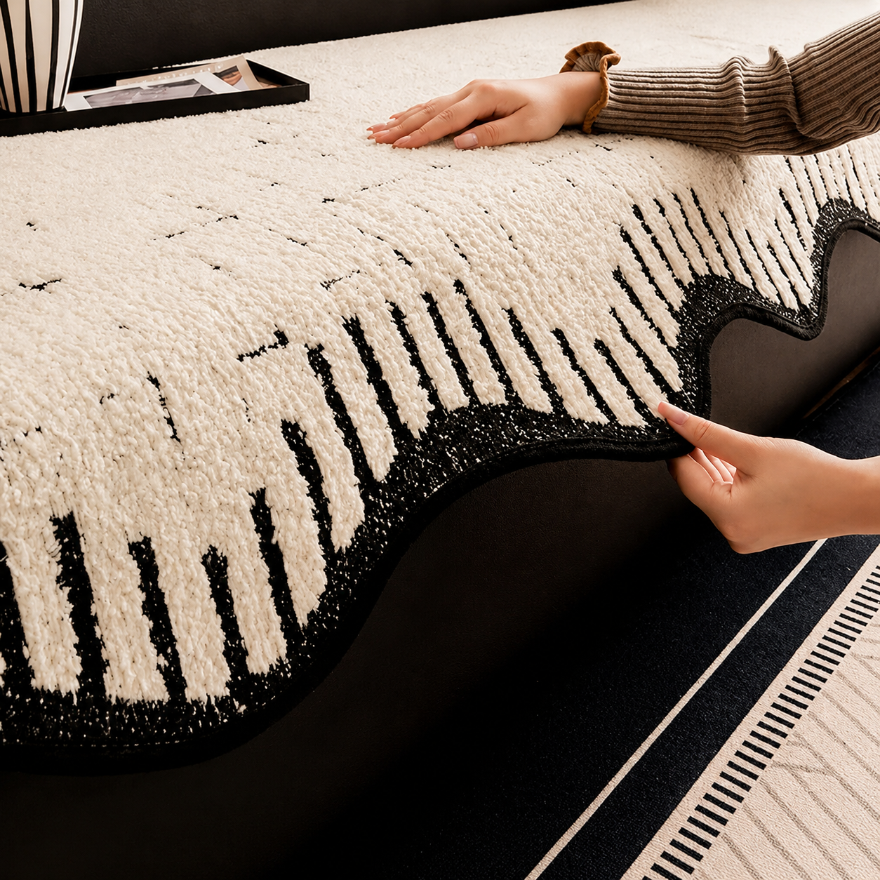 Non-Slip Wave Geometric Plush Fuzzy Furry Sofa Couch Cover