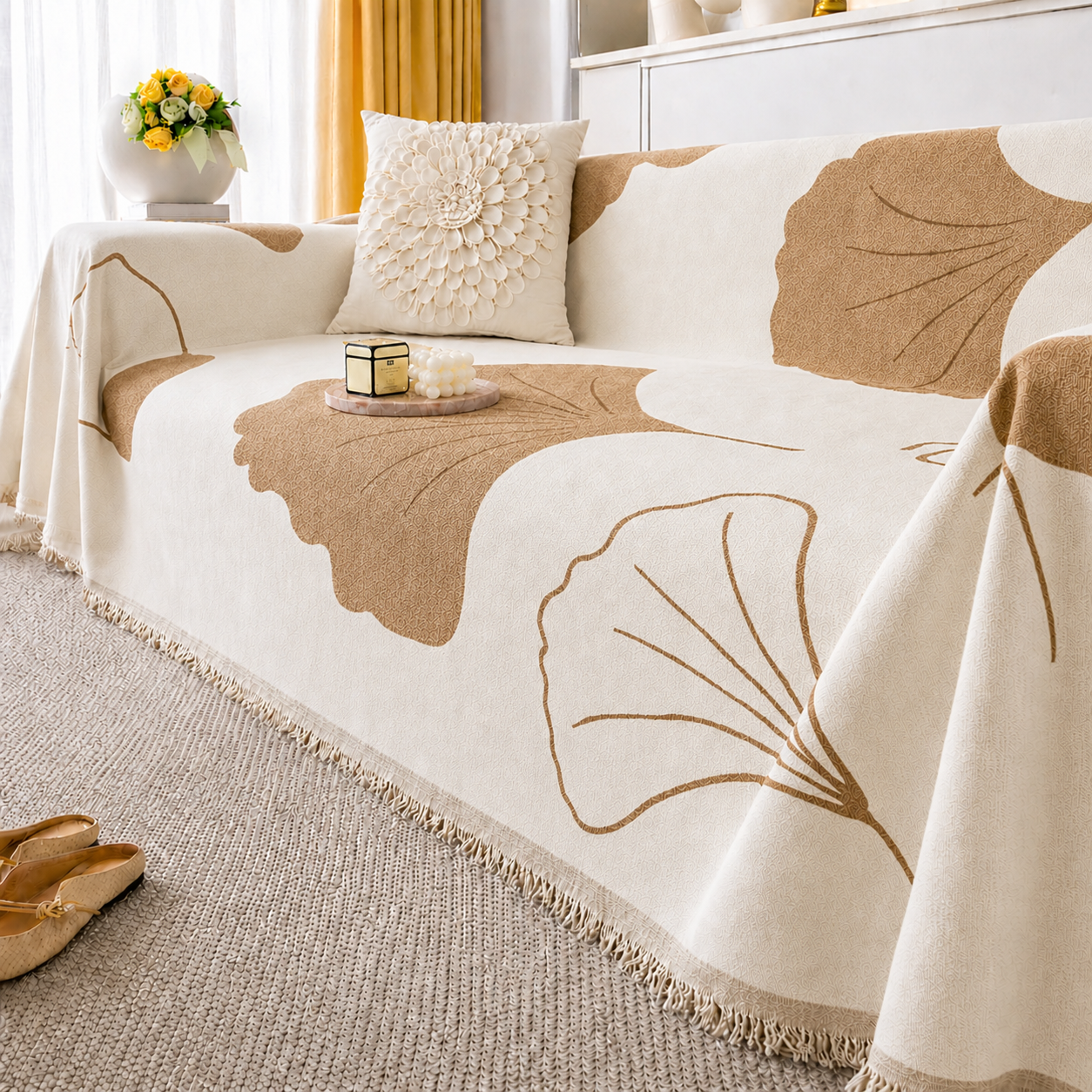 Reversible Modern Chenille Tassels Sofa Couch Cover