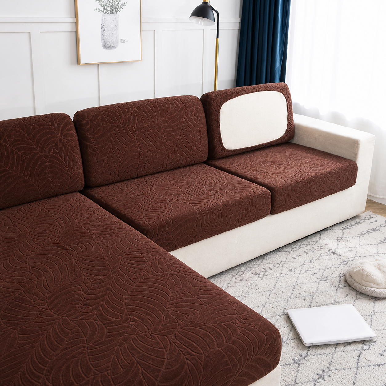 Anti Slip Jacquard Leaf L Shaped Sectional Cushion Sofa Couch Cover