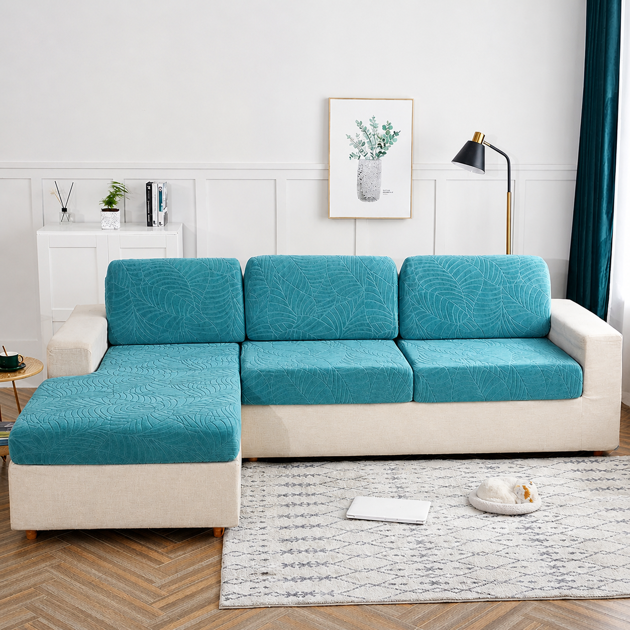 Anti Slip Jacquard Leaf L Shaped Sectional Cushion Sofa Couch Cover