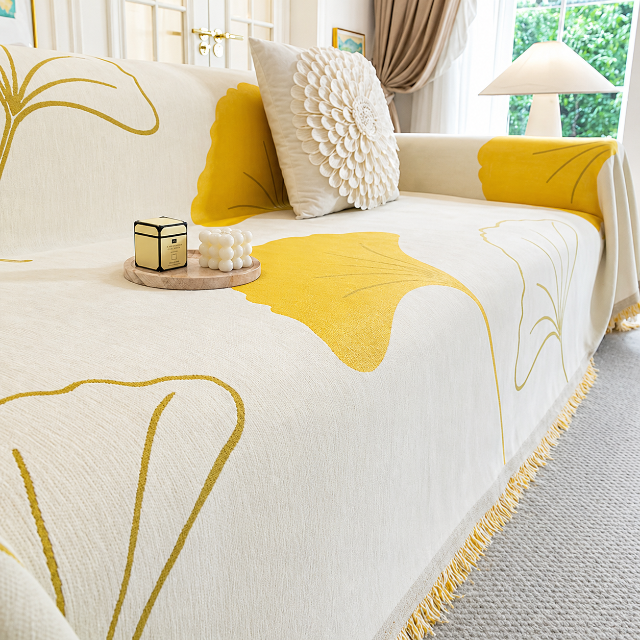 Reversible Modern Chenille Tassels Sofa Couch Cover