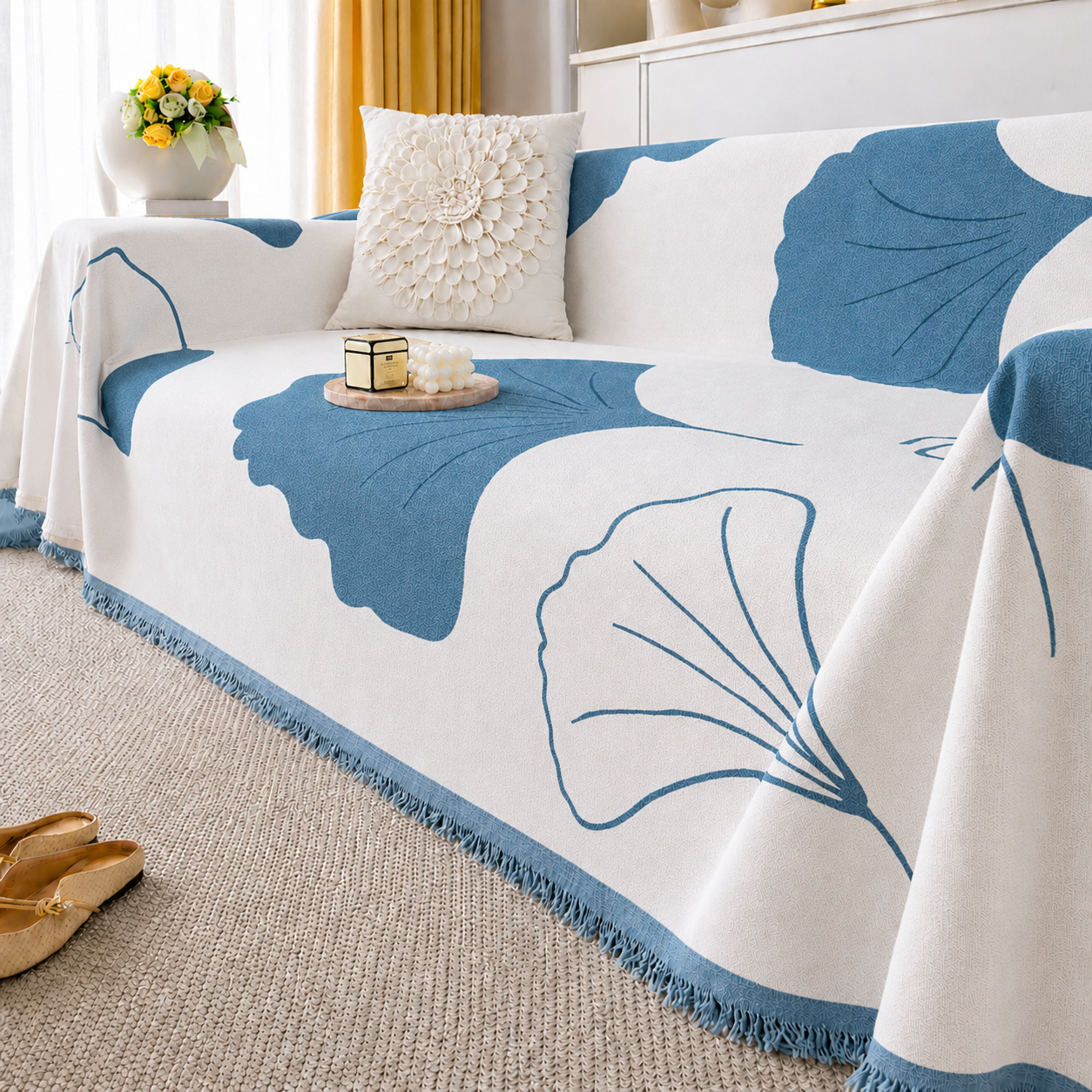 Reversible Modern Chenille Tassels Sofa Couch Cover