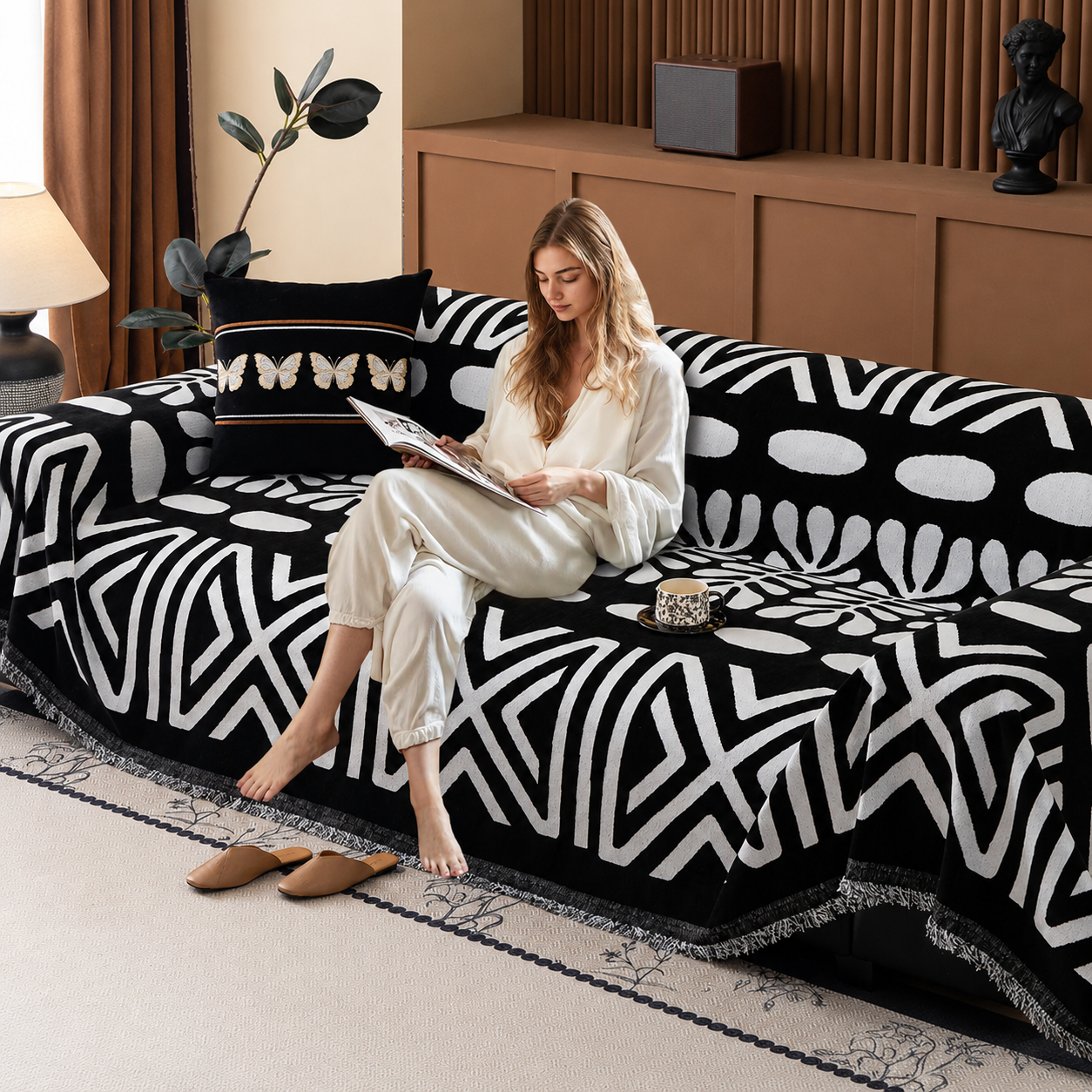 Non-Slip Boho Geometric Tassels Reversible Sofa Couch Cover
