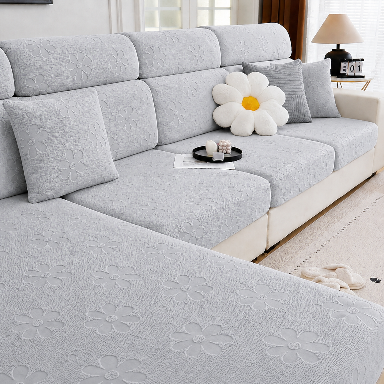Anti Slip Daisy Floral L Shaped Sectional Cushion Sofa Couch Cover