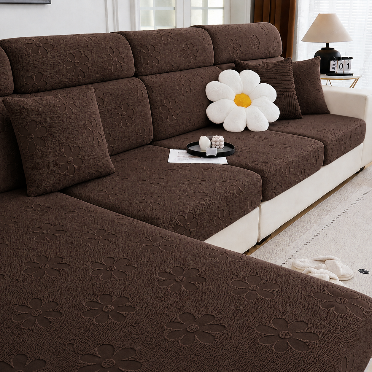 Anti Slip Daisy Floral L Shaped Sectional Cushion Sofa Couch Cover