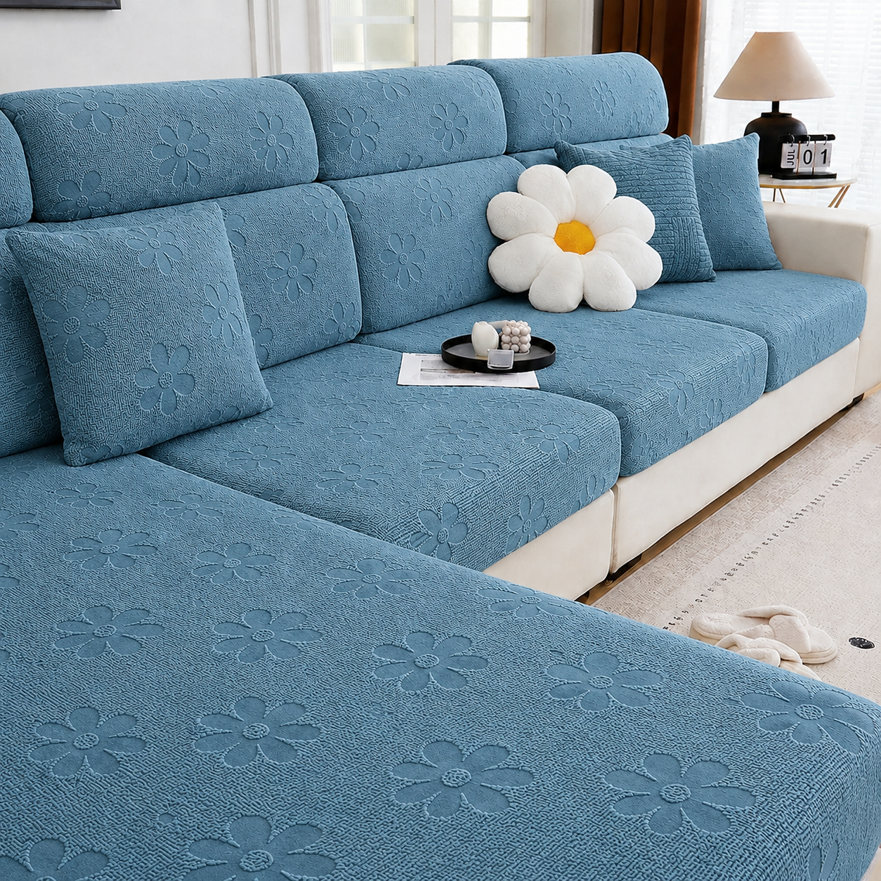 Anti Slip Daisy Floral L Shaped Sectional Cushion Sofa Couch Cover