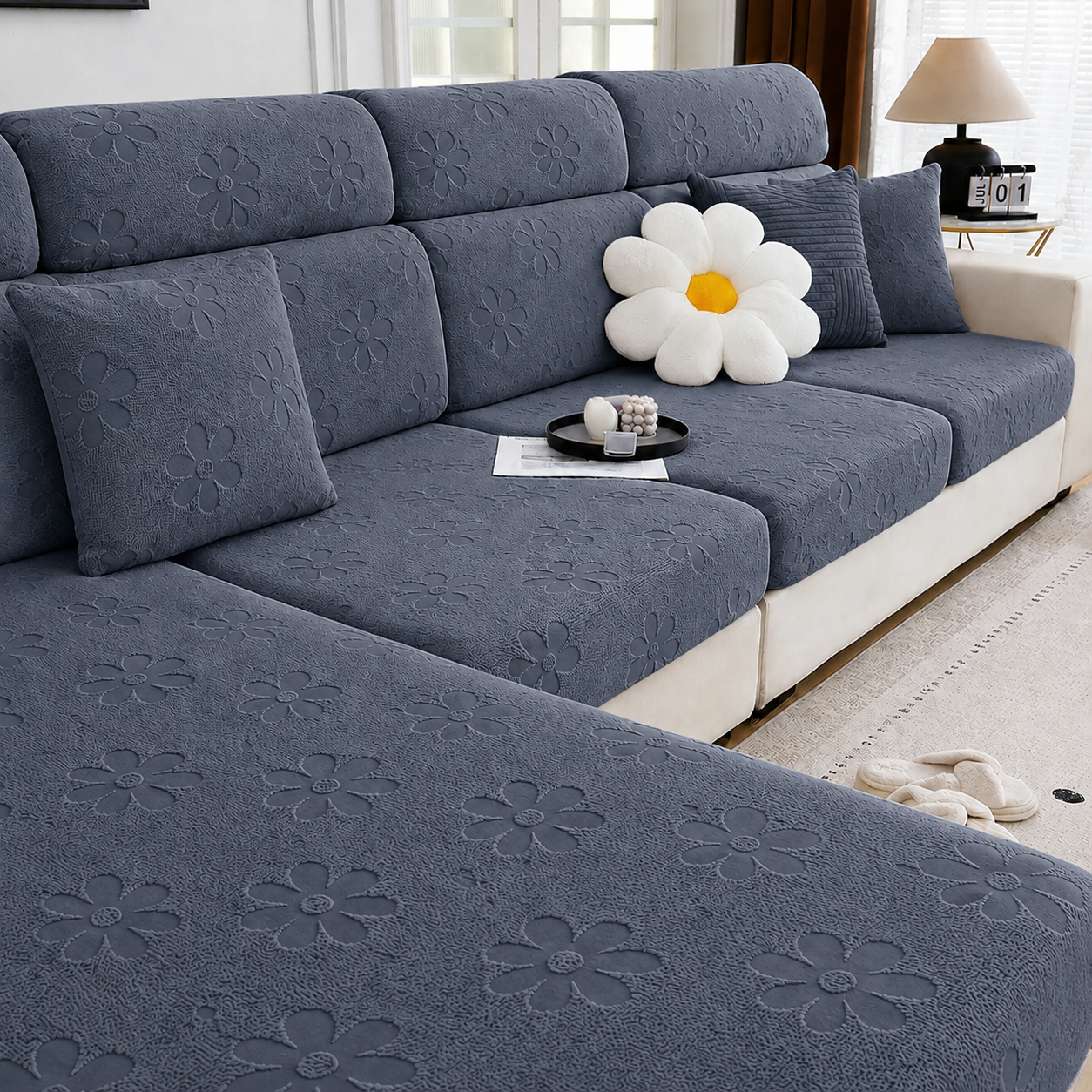 Anti Slip Daisy Floral L Shaped Sectional Cushion Sofa Couch Cover