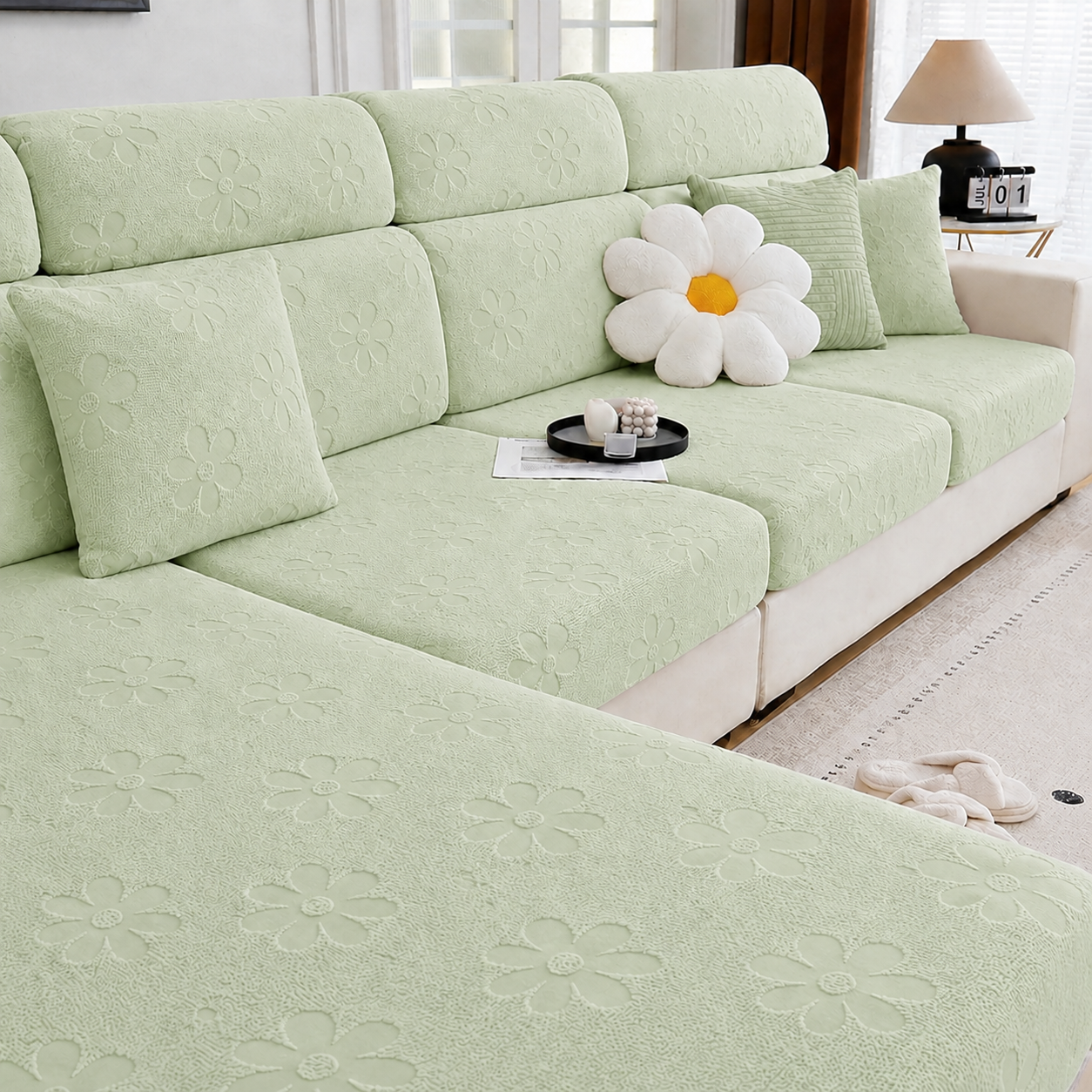 Anti Slip Daisy Floral L Shaped Sectional Cushion Sofa Couch Cover