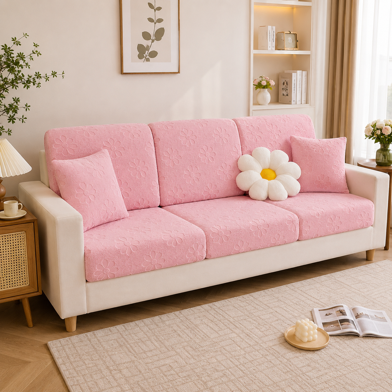 Anti Slip Daisy Floral L Shaped Sectional Cushion Sofa Couch Cover