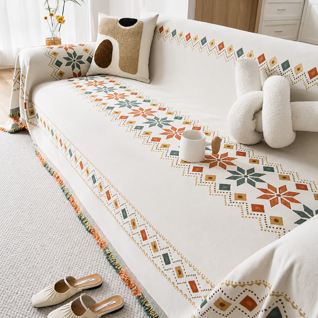 Non-Slip Boho Chenille Tassels Reversible Sofa Couch Cover
