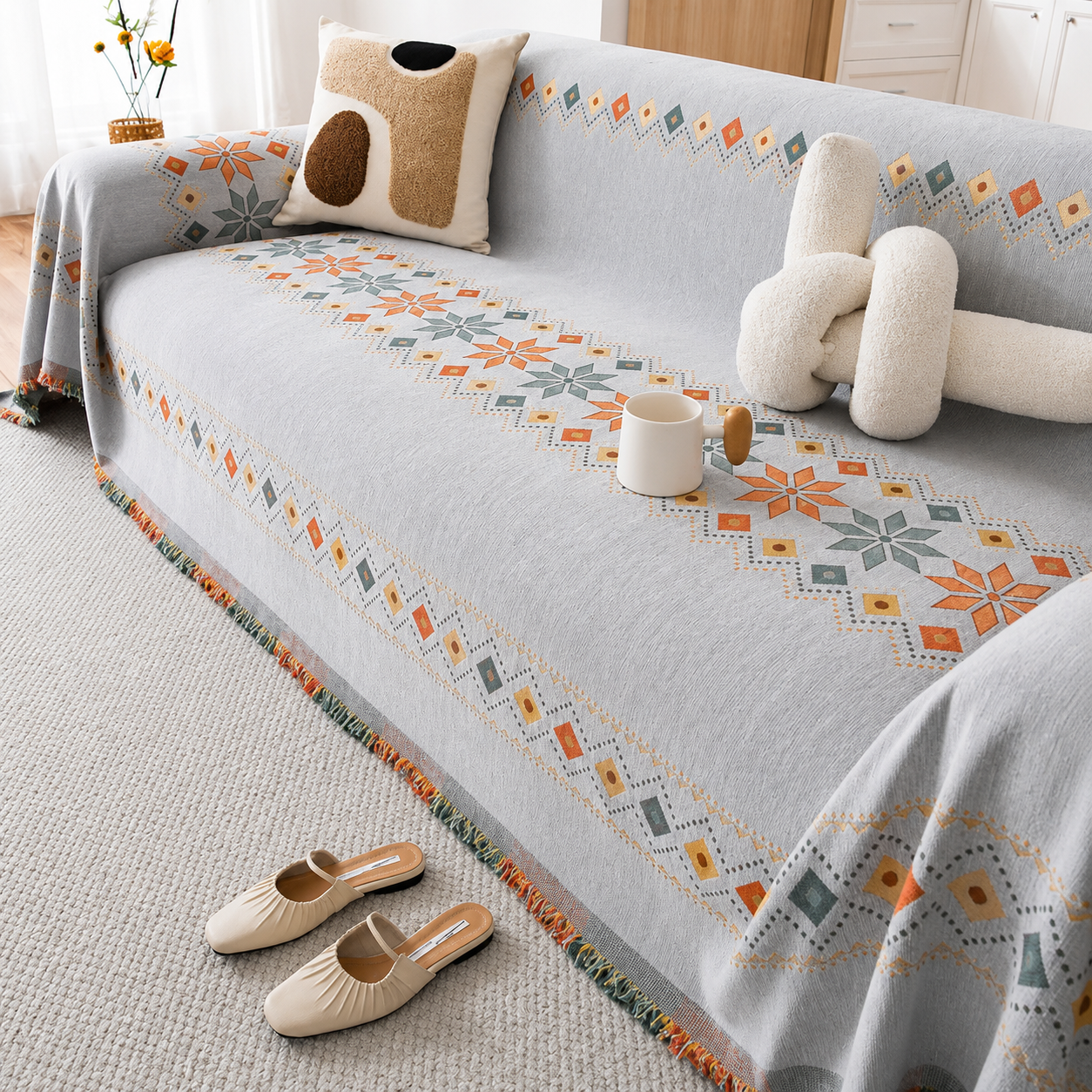 Non-Slip Boho Chenille Tassels Reversible Sofa Couch Cover