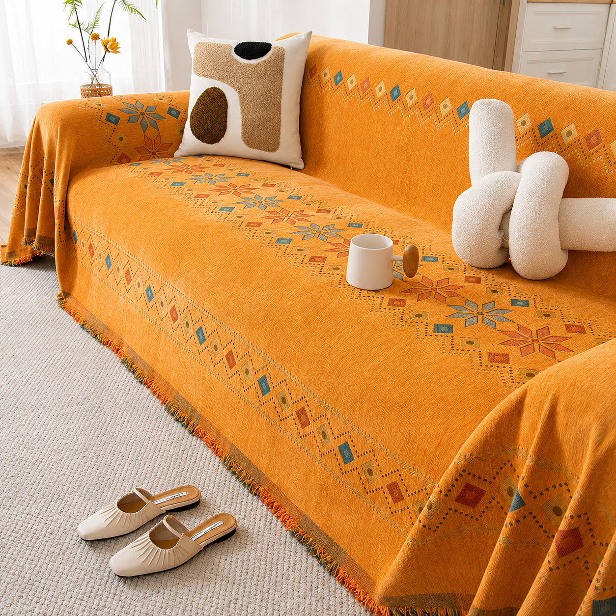 Non-Slip Boho Chenille Tassels Reversible Sofa Couch Cover