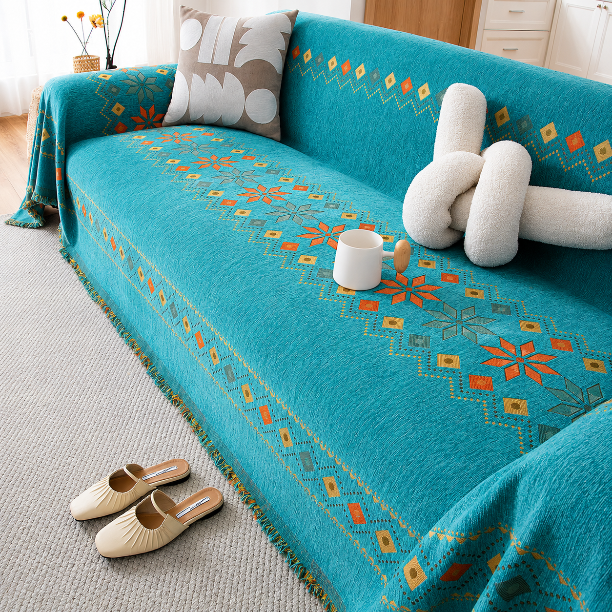 Non-Slip Boho Chenille Tassels Reversible Sofa Couch Cover