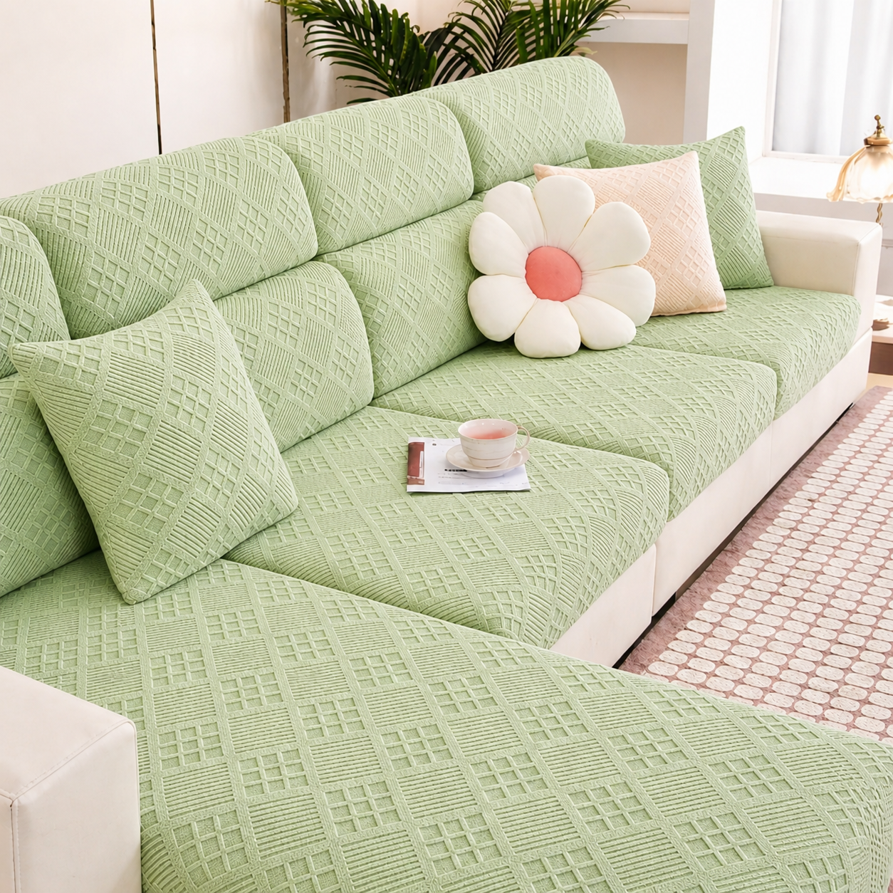 Anti-Slip L Shaped Jacquard Geometric Cushion Sofa Couch Cover