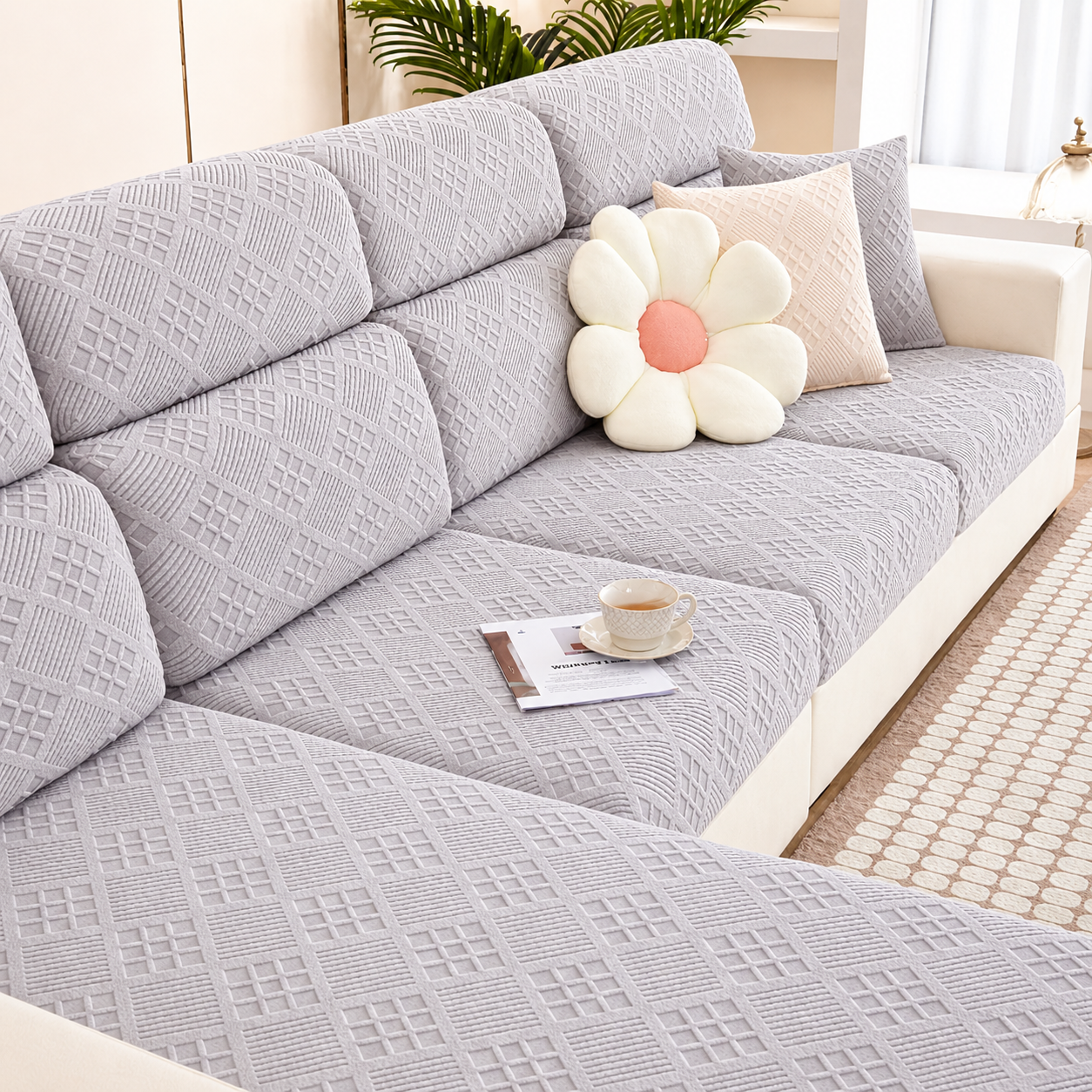 Anti-Slip L Shaped Jacquard Geometric Cushion Sofa Couch Cover
