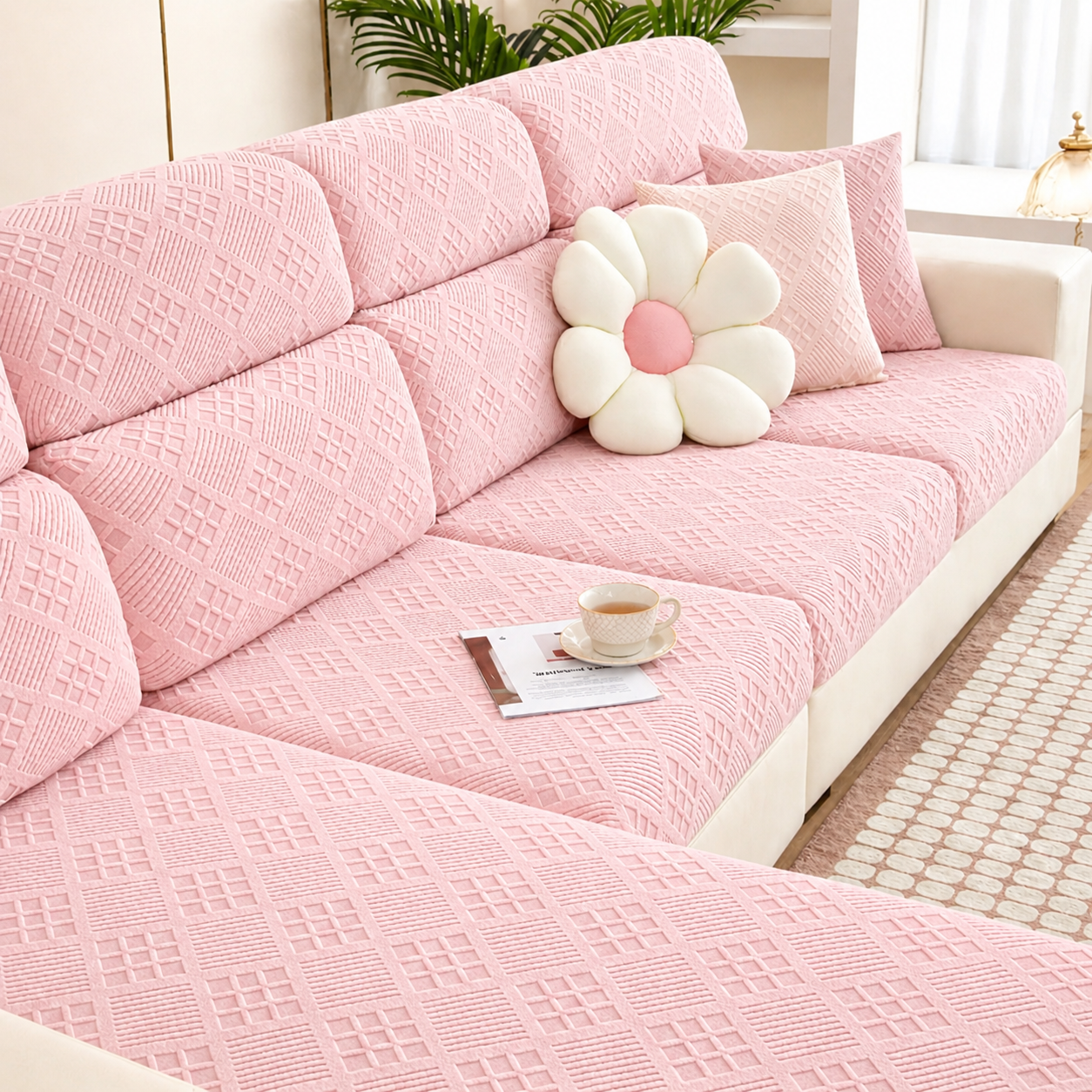 Anti-Slip L Shaped Jacquard Geometric Cushion Sofa Couch Cover