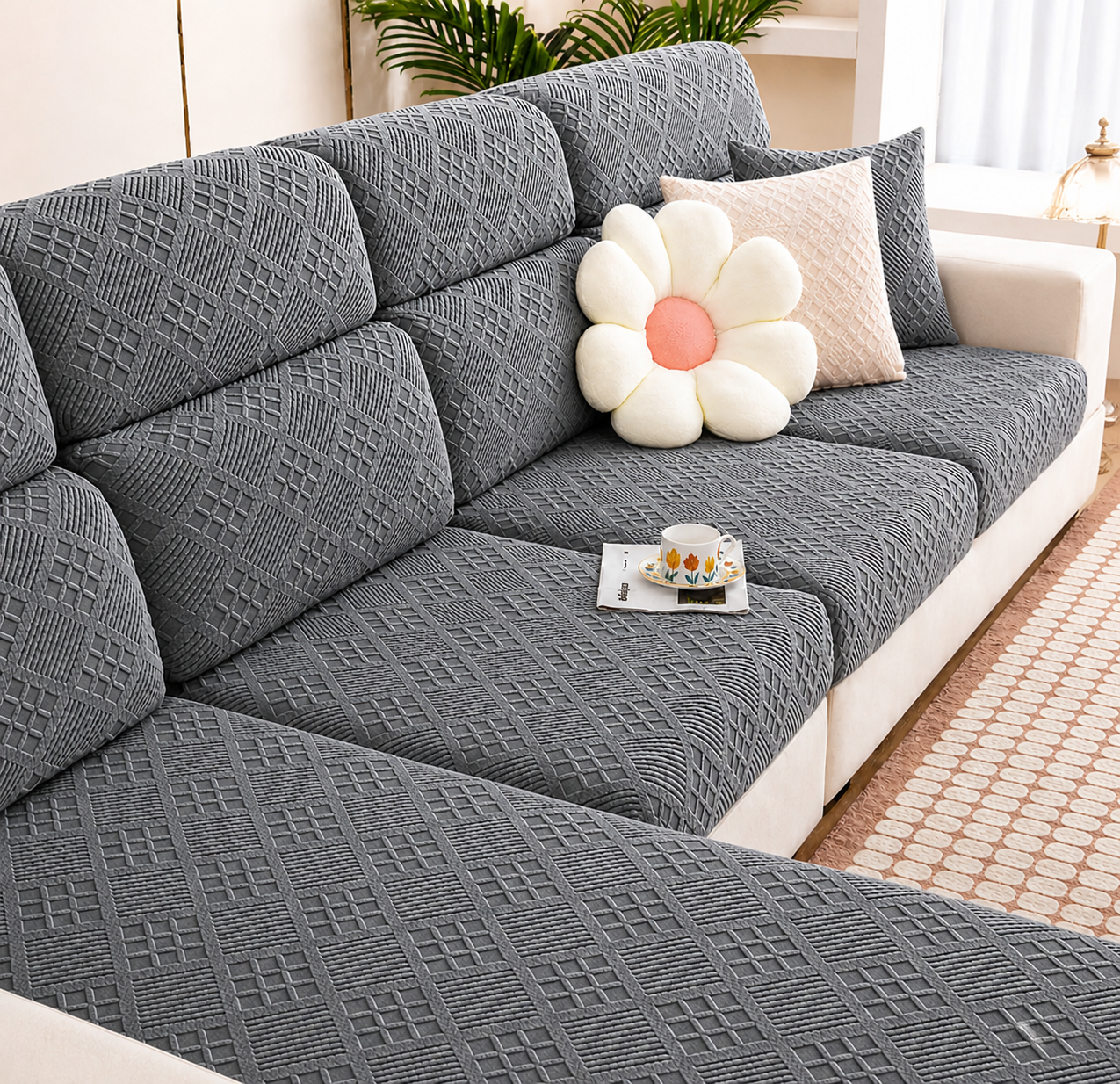 Anti-Slip L Shaped Jacquard Geometric Cushion Sofa Couch Cover