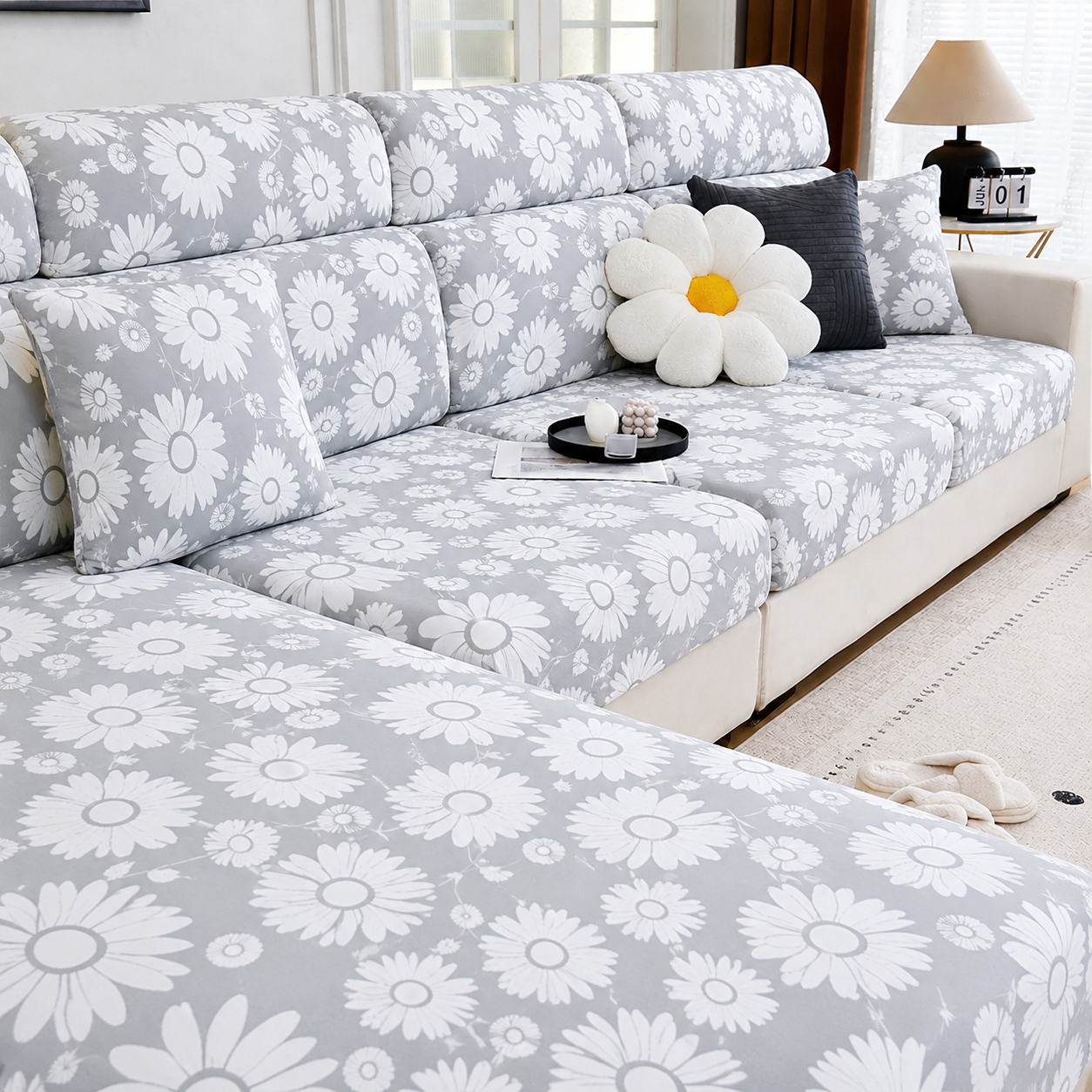 Anti-Slip L Shaped Daisy Floral Cushion Sofa Couch Cover