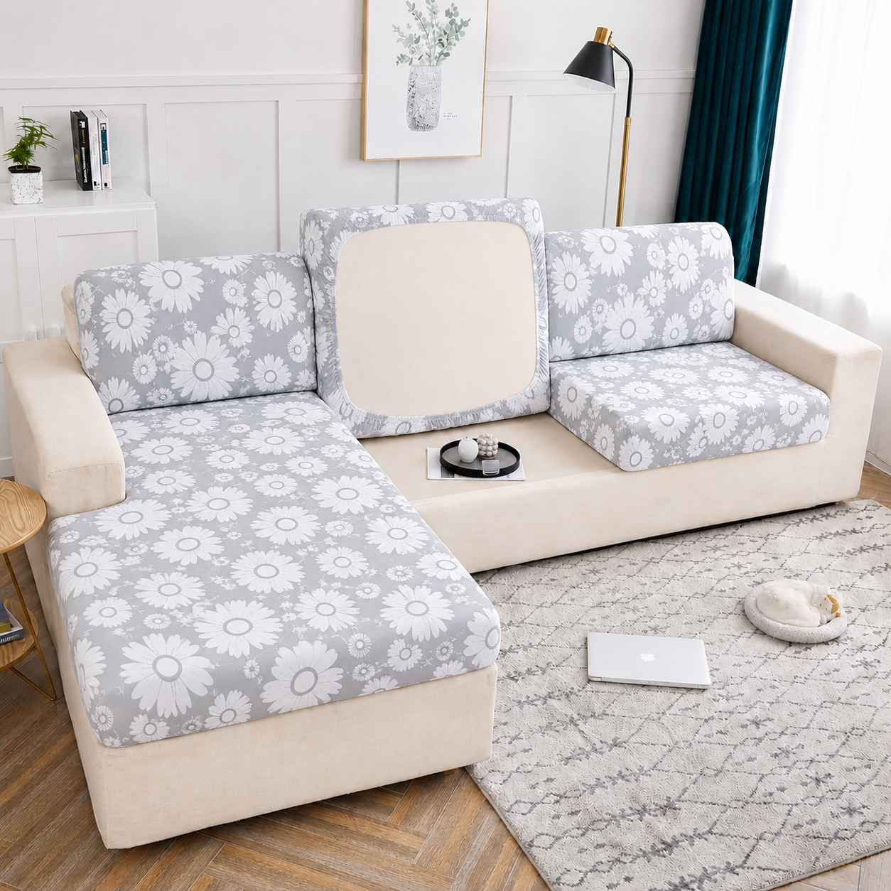 Anti-Slip L Shaped Daisy Floral Cushion Sofa Couch Cover
