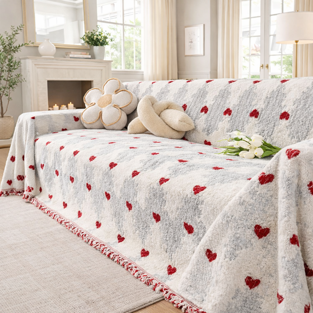 Fuzzy Plush Heart Anti-Slip Sofa Couch Cover