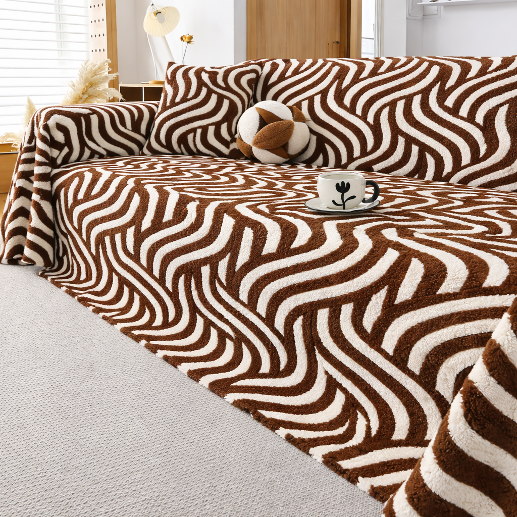 Classic Fuzzy Striped Curved Plush Sofa Couch Cover