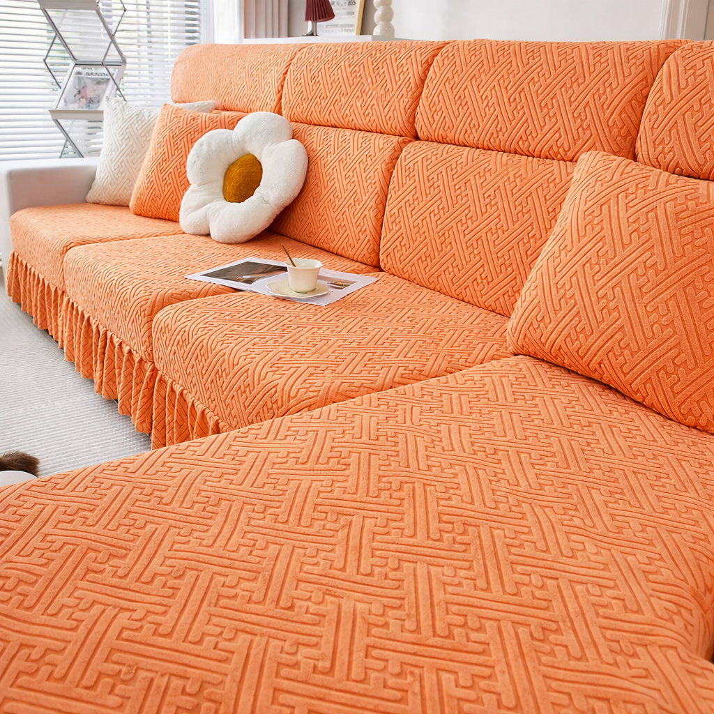 Jacquard Geometric Anti-Slip L Shaped Skirted Cushion Sofa Couch Cover