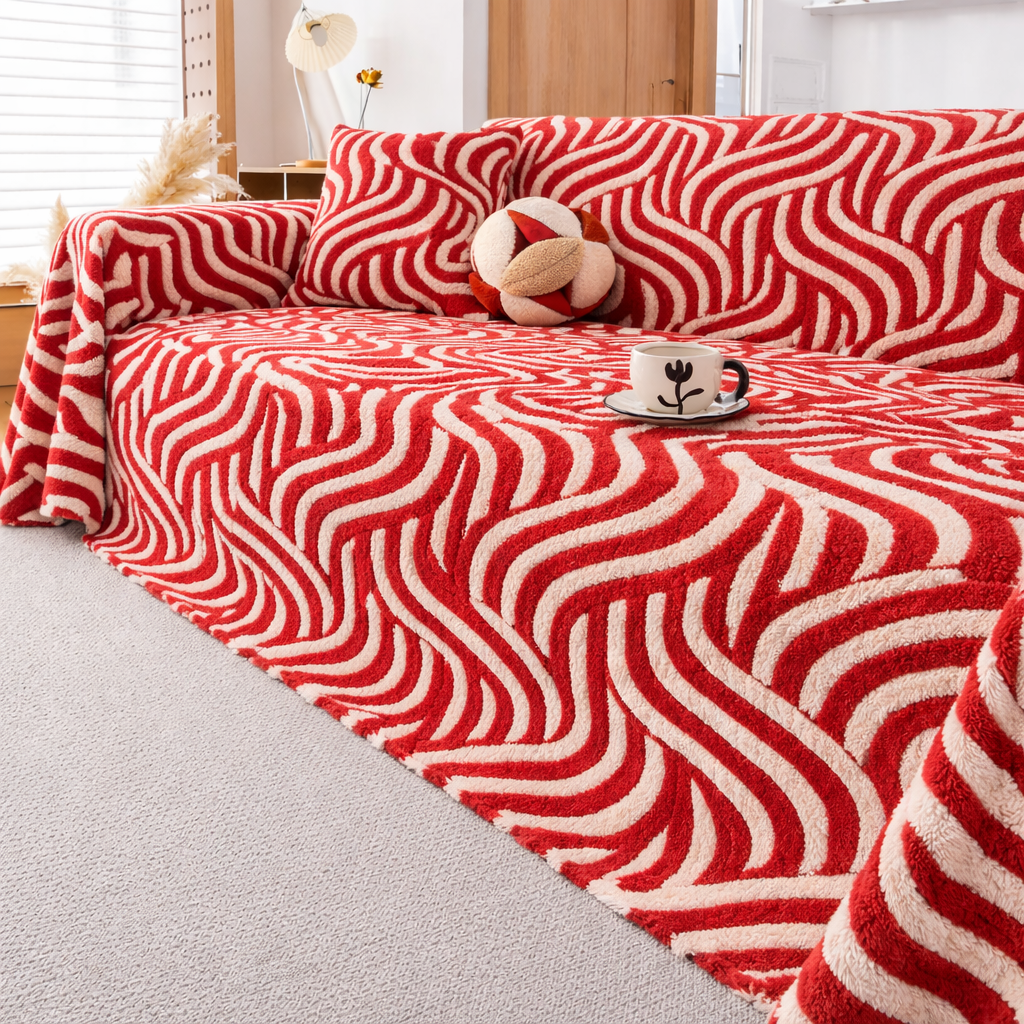 Classic Fuzzy Striped Curved Plush Sofa Couch Cover