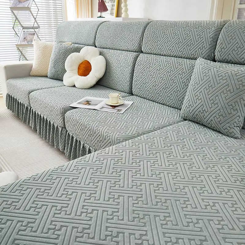 Jacquard Geometric Anti-Slip L Shaped Skirted Cushion Sofa Couch Cover