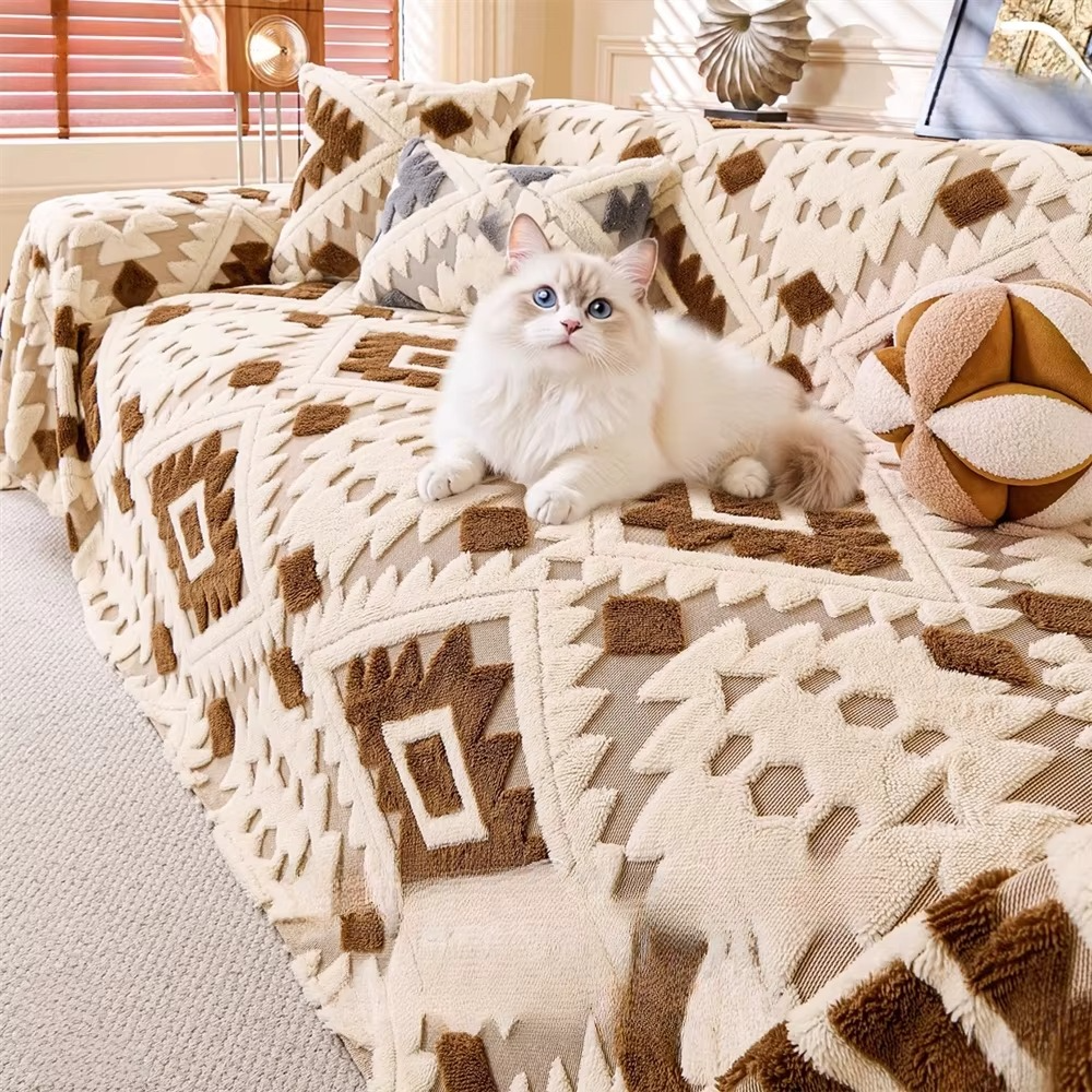 Non Slip Boho Fuzzy Geometric Sofa Couch Cover