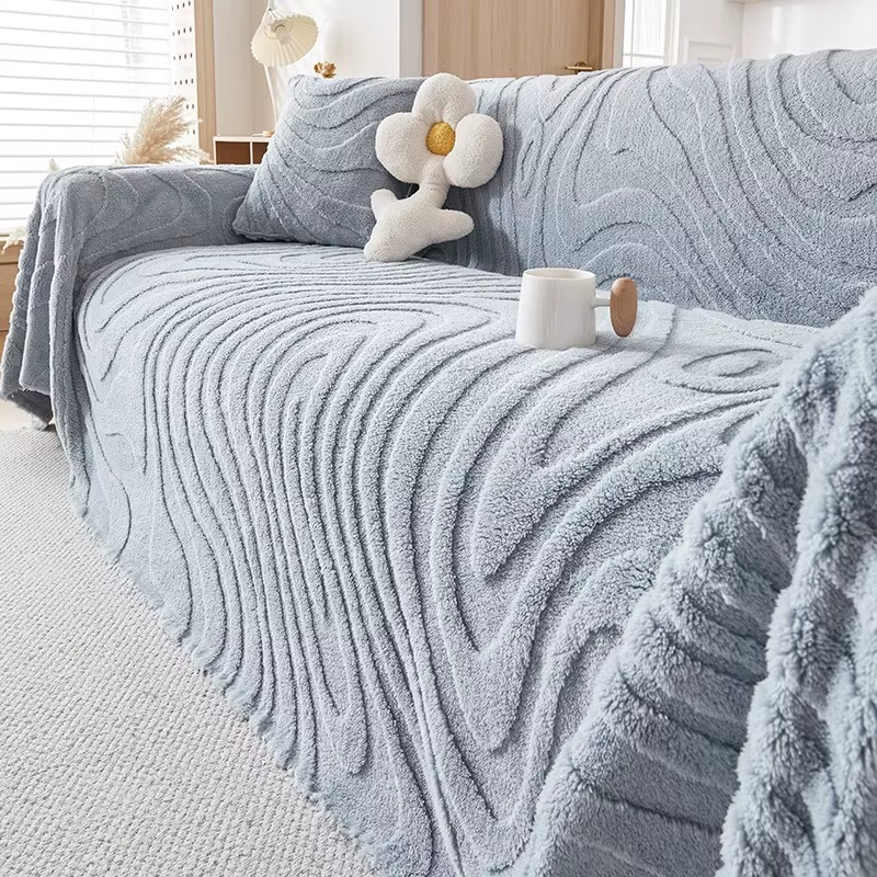 Fuzzy Plush Stripped Anti-Slip Sofa Couch Cover